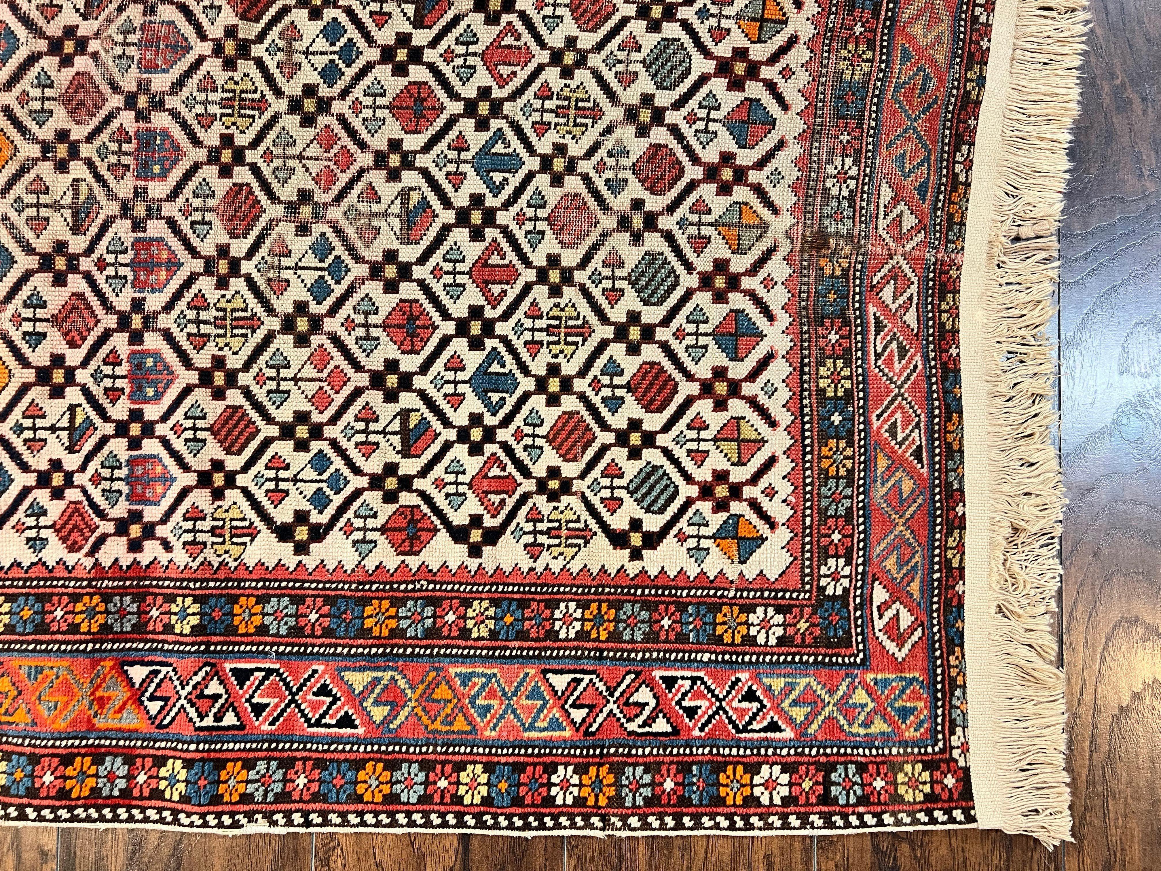 Antique Caucasian Rug 4x5, Hand Knotted Handmade Shirvan Oriental Carpet, Ivory Red Rug Allover Pattern, Rare Wool Rug, Tribal Geometric Rug - Jewel Rugs