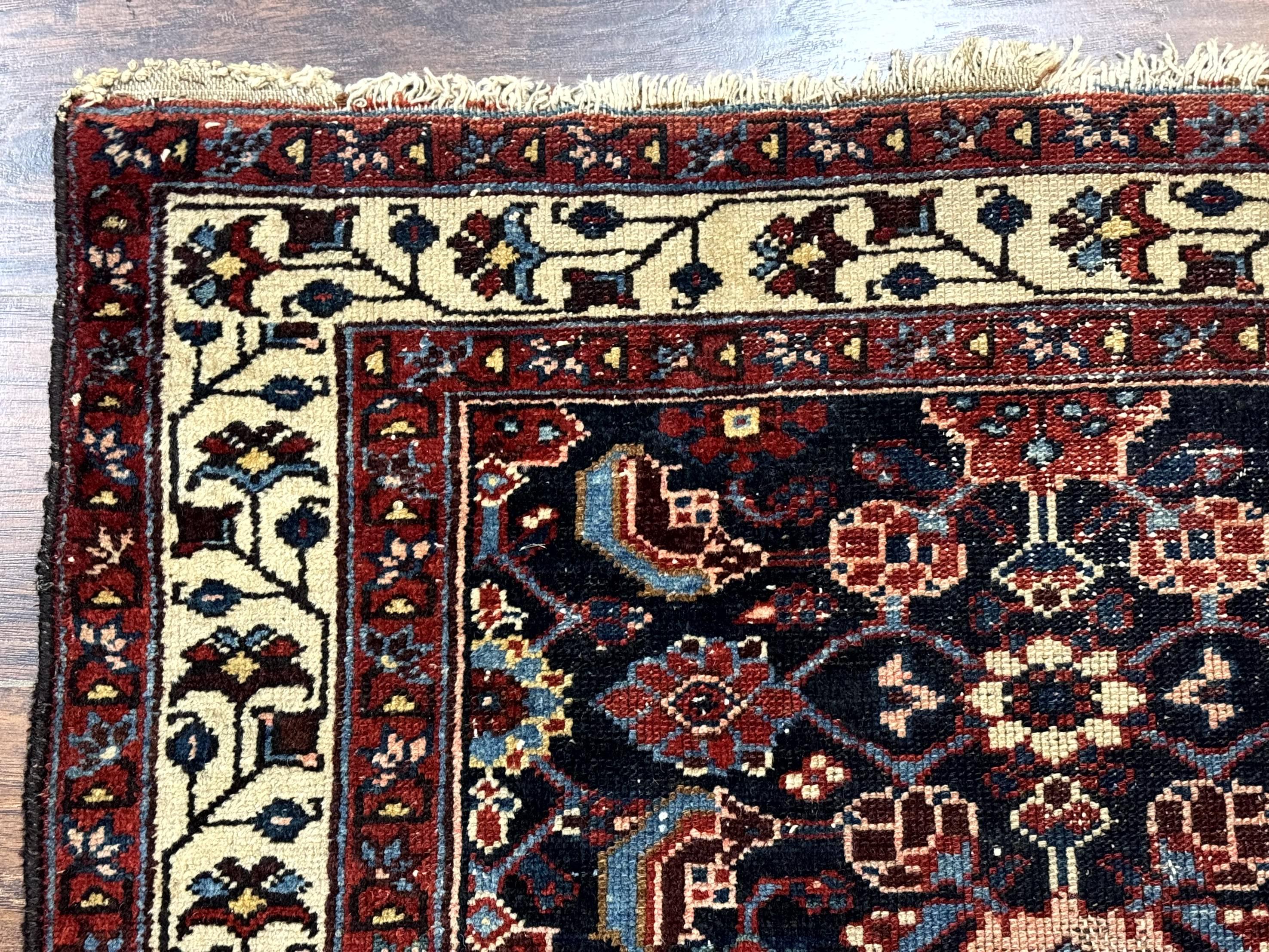 Navy Blue Antique Persian Rug 3x6, Blue and Ivory Persian Carpet, Handmade 1920s Hamadan Rug - Jewel Rugs