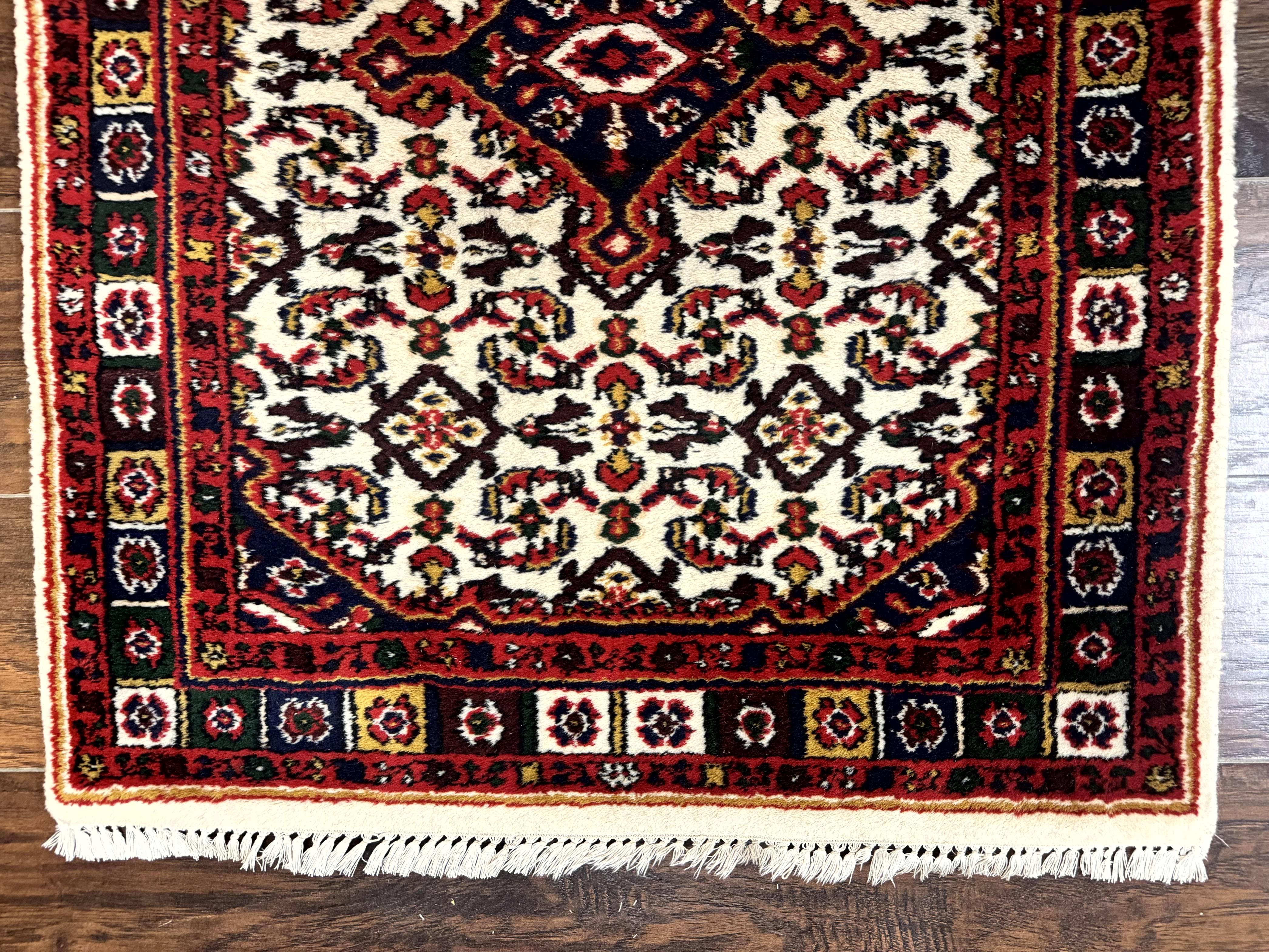 Indo Persian Bidjar Runner Rug 2.8 x 10, Vintage Rug for Hallway, 10ft Runner, Wool Handmade Ivory and Red, Medallions - Jewel Rugs