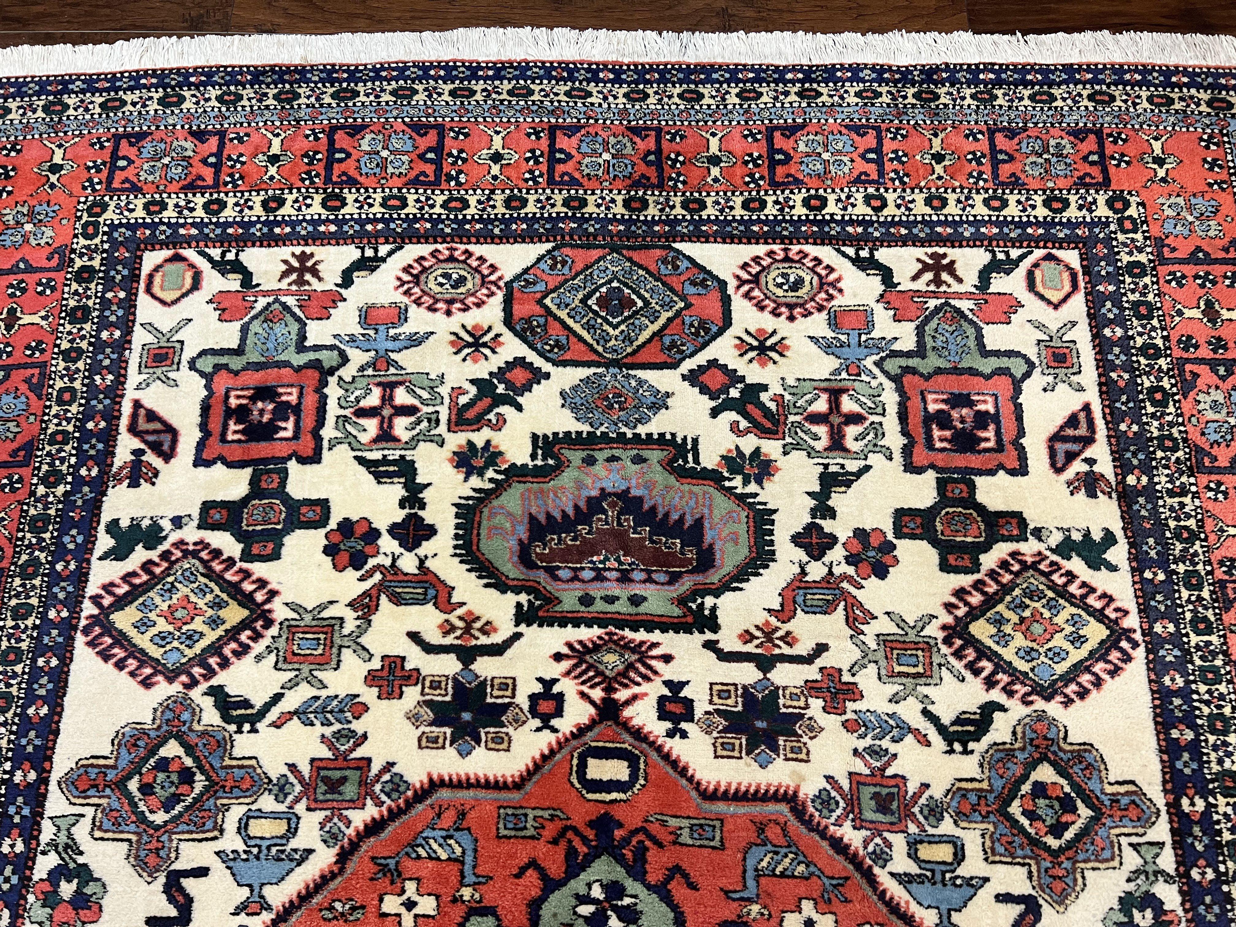 Persian Tribal Rug 8x11, Persian Ardabil Rug, Geometric Medallion Animal Pictorial Rug, Ivory Red Blue, Hand Knotted Vintage Wool Carpet - Jewel Rugs