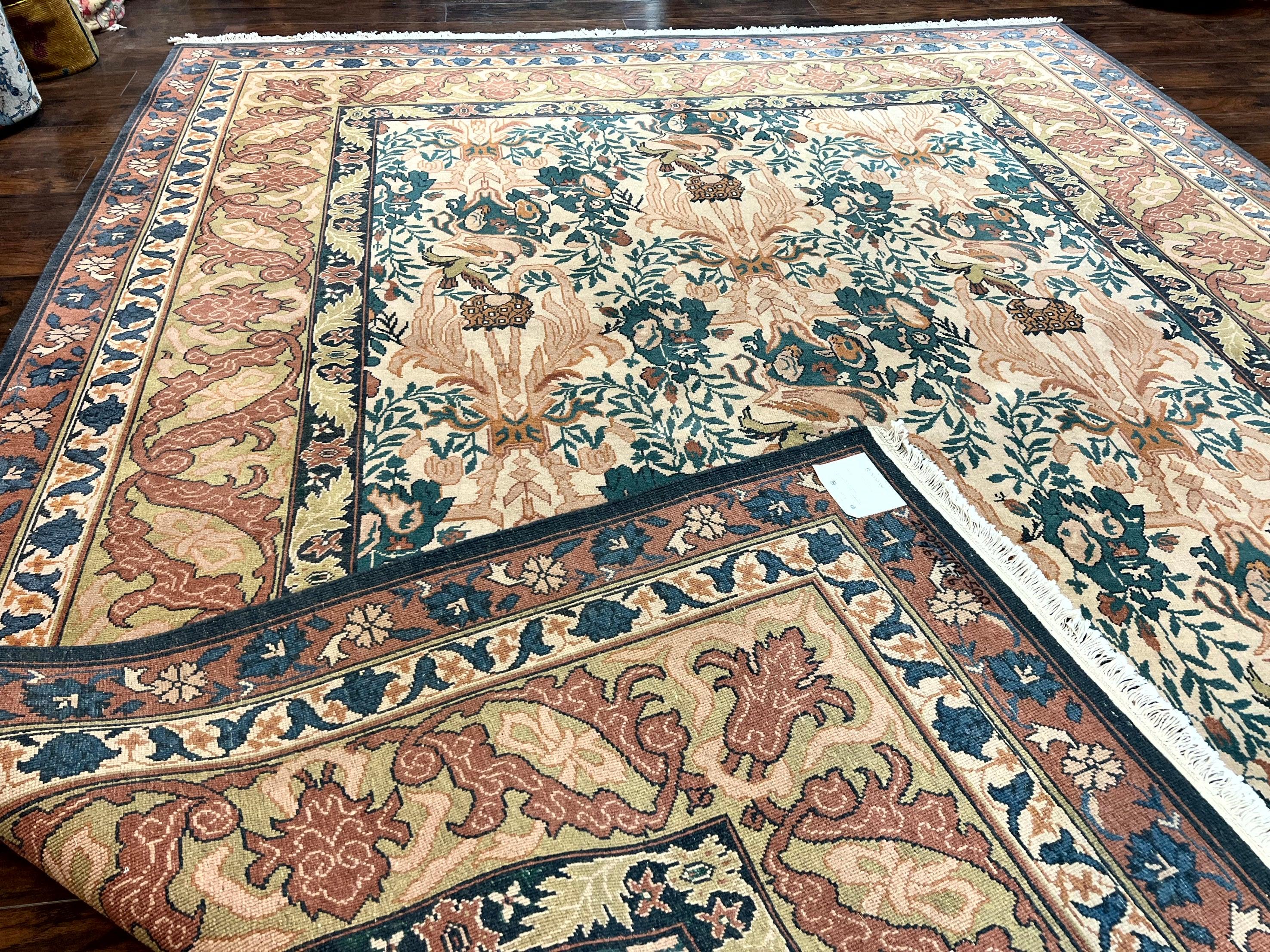 10x13 Wool Rug, Floral Pattern, Birds, Handmade Vintage Carpet, Couristan Rug, Beige - Jewel Rugs