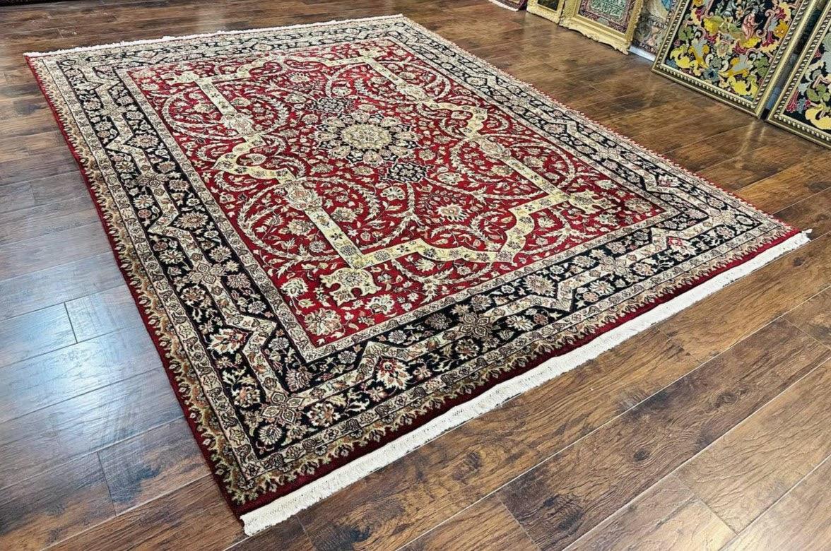 Indo Persian Rug 8x10, Red Vintage Wool Traditional Carpet, Floral, Handmade - Jewel Rugs