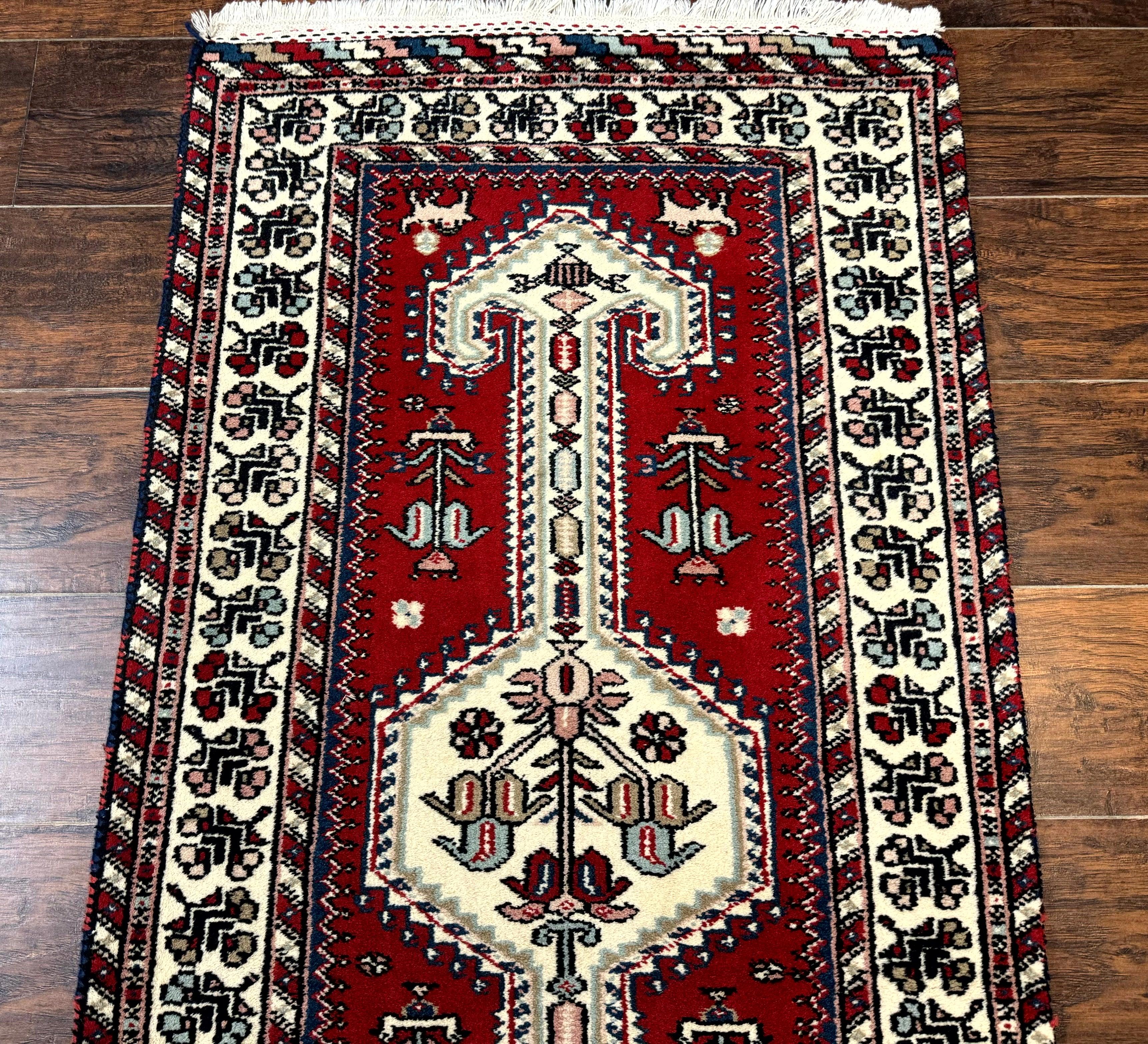 Indo Persian Runner Rug 2.6 x 12, Heriz Geometric Caucasian Design, Animal Pictorials, Tribal Runner Rug, Vintage Handmade Wool Red - Jewel Rugs