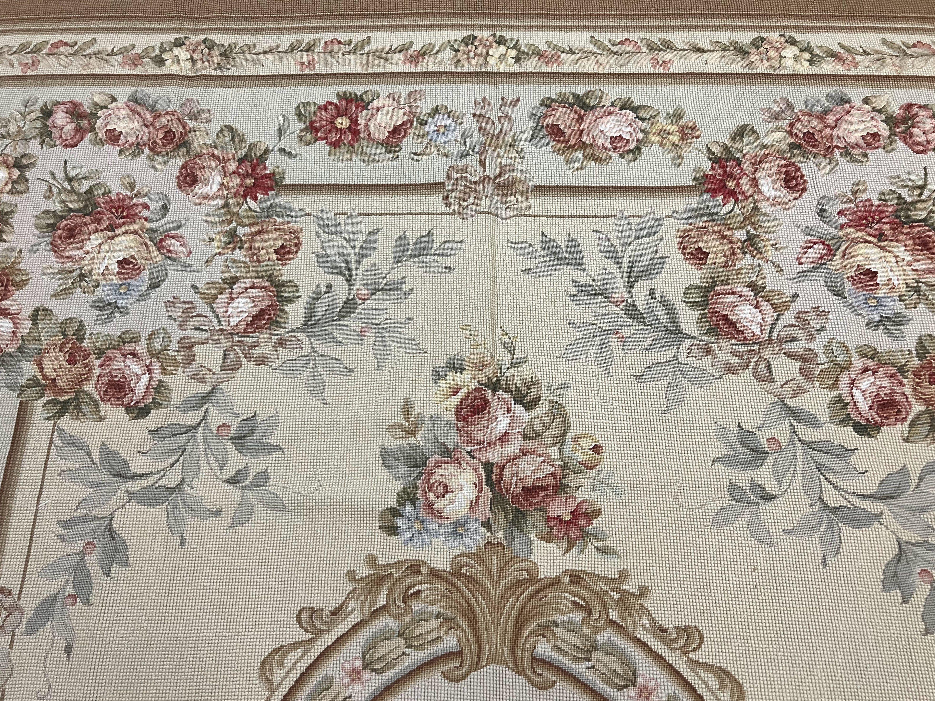Needlepoint Rug, Aubusson Design, Petit Point Carpet, Floral, Cream, French European Design, Flatweave, Wool, Vintage - Jewel Rugs
