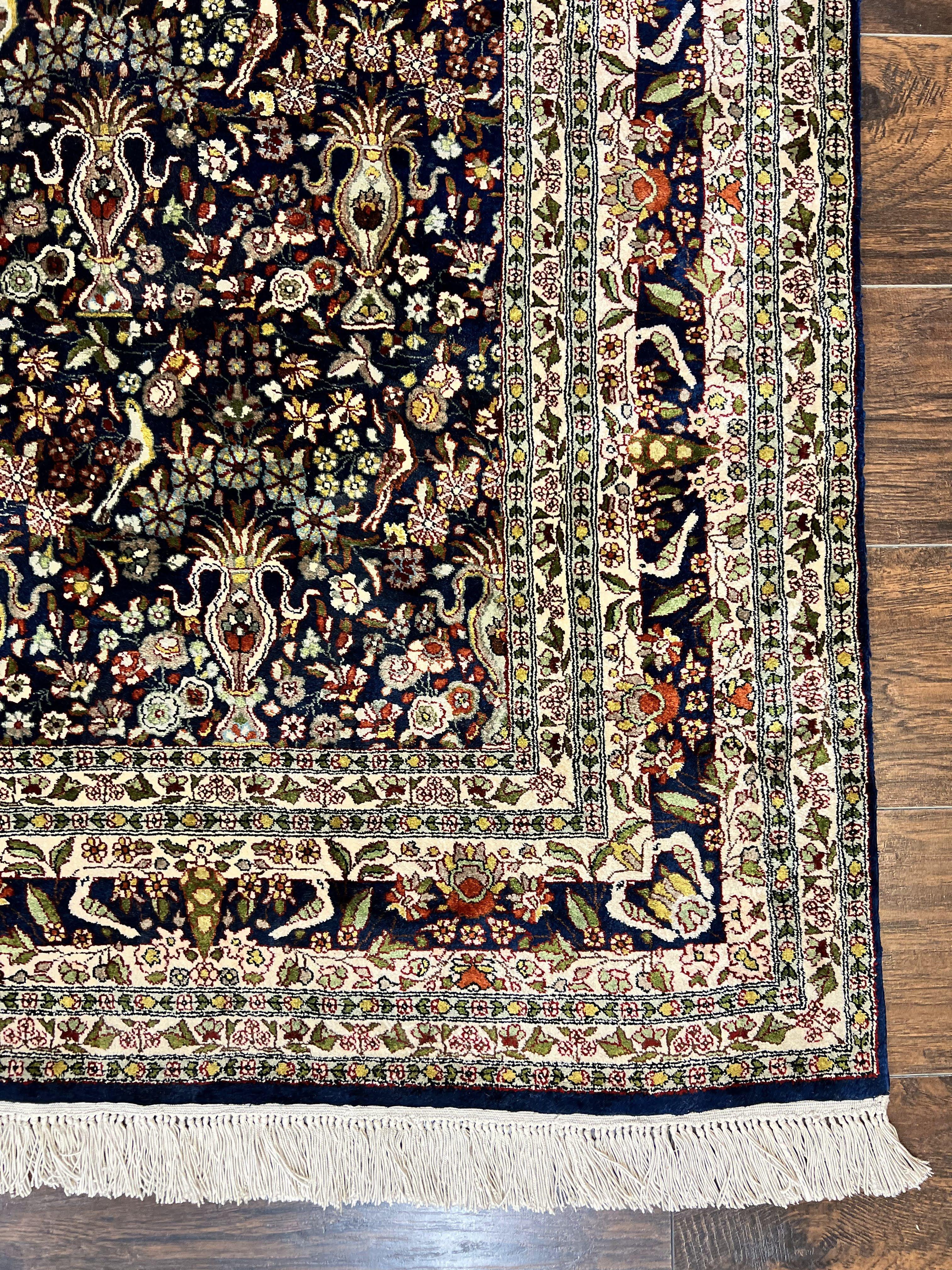 Silk Indian Kashmiri Rug 5x7, Navy Blue Indo Persian Silk Carpet 5 x 7 ft, Hand Knotted Handmade Very Fine Oriental Carpet, 450 KPSI, Birds - Jewel Rugs