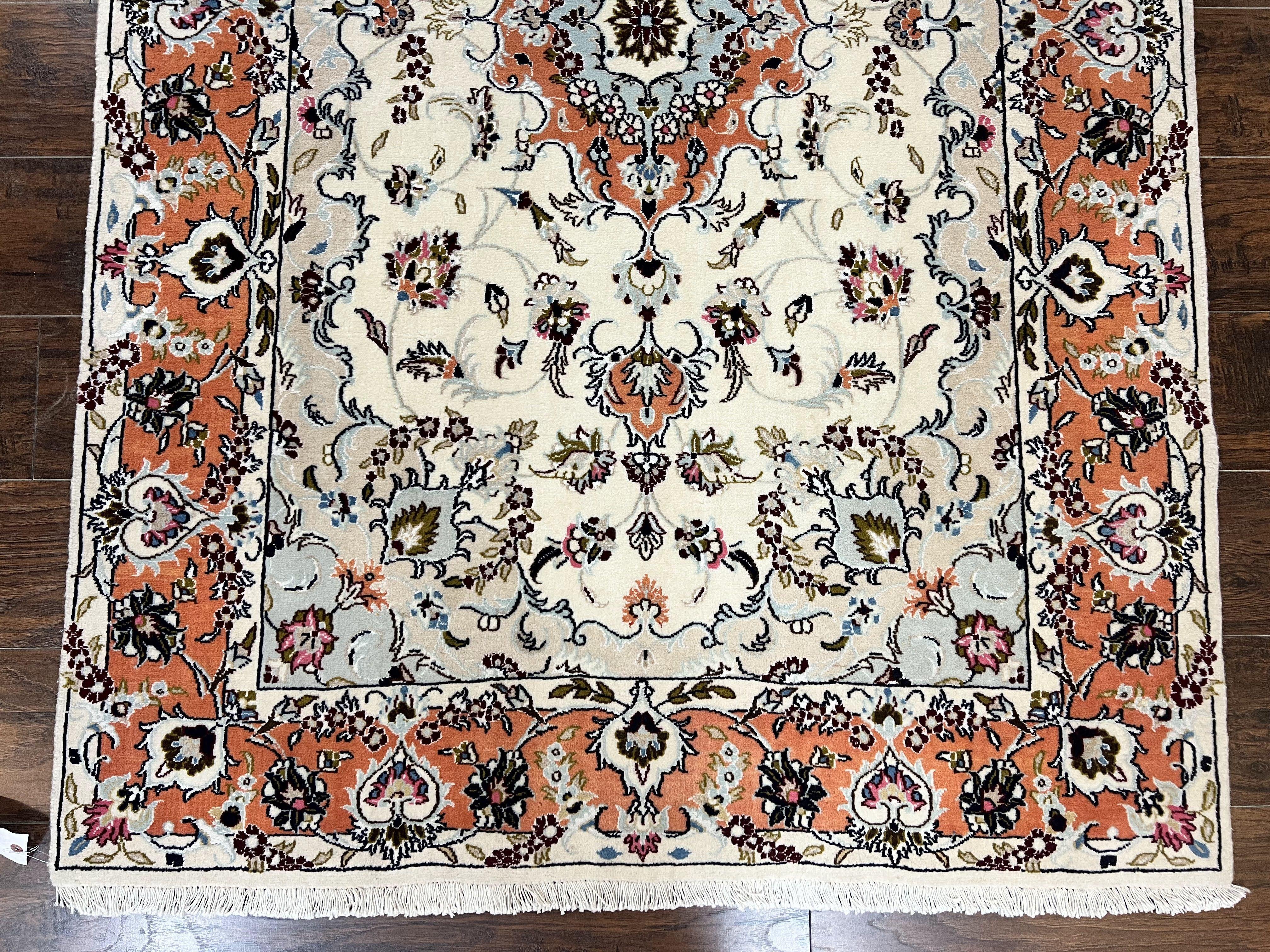 Persian Tabriz Rug 4.5 x 6.8, Finely Hand Knotted Wool with Silk Highlights Vintage Oriental Carpet, Cream and Salmon, High KPSI, Floral Medallion - Jewel Rugs
