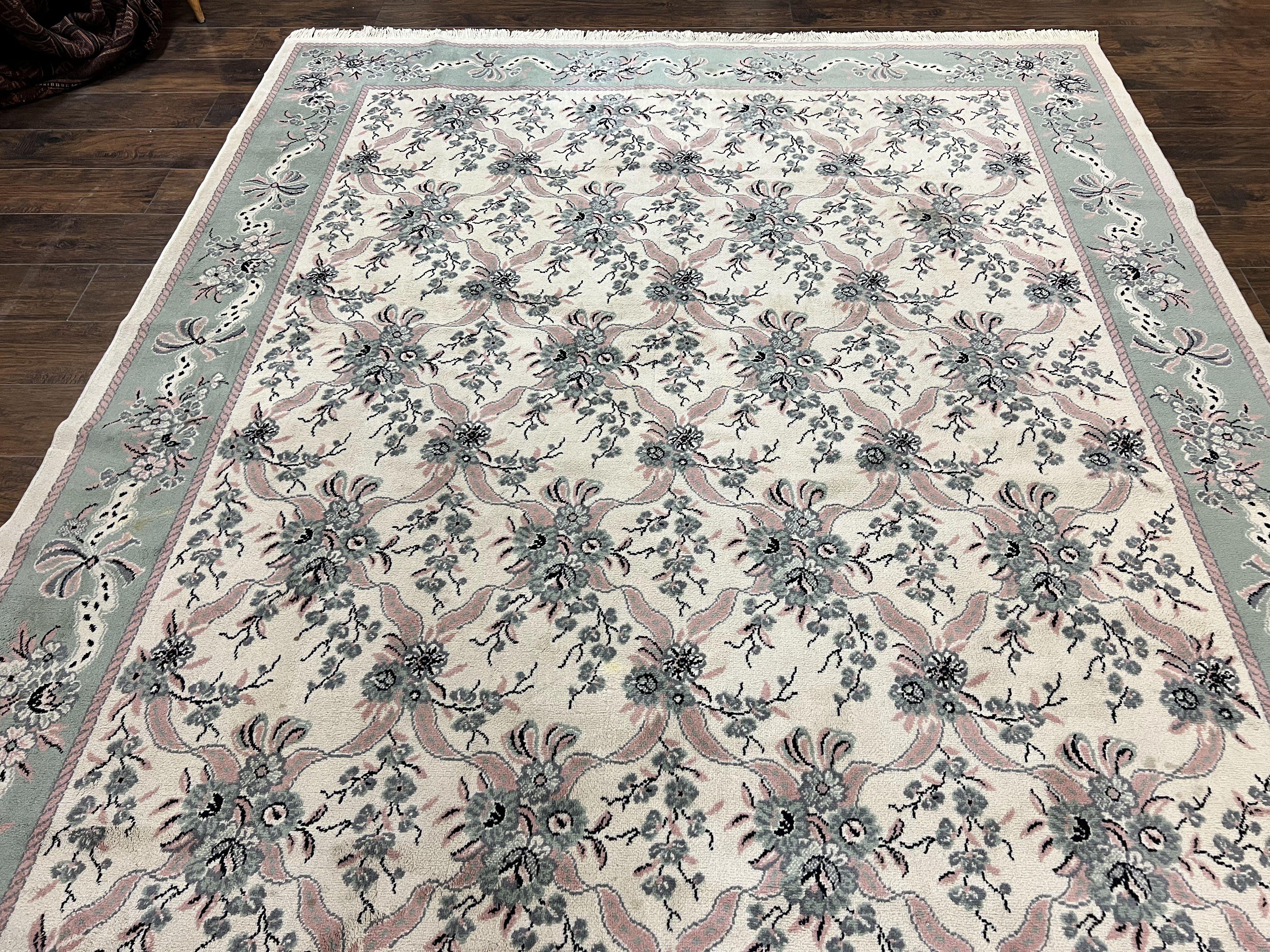 Belgium Power Loomed Rug 8x11, Ivory and Green, Wool Carpet, Floral - Jewel Rugs