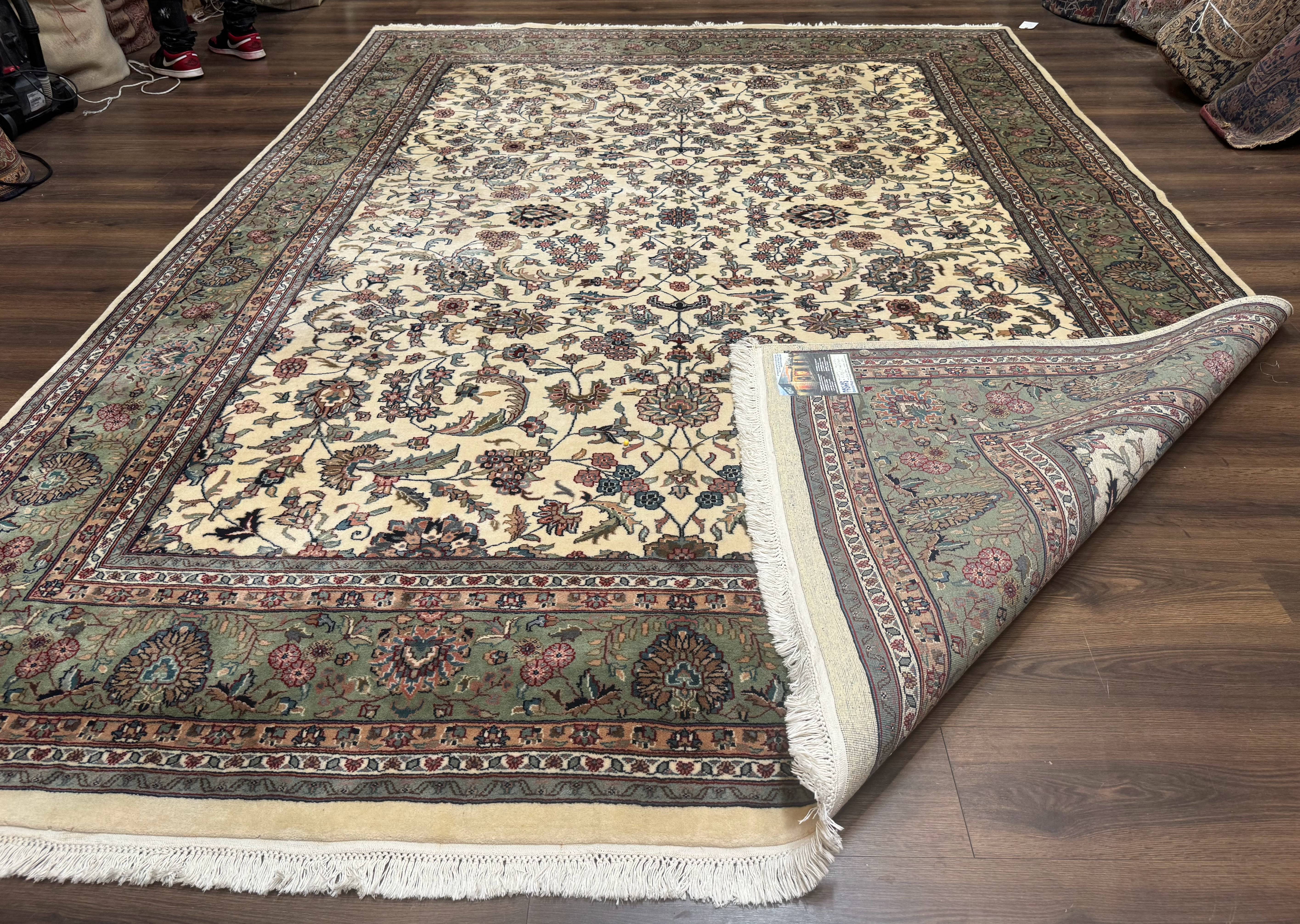 Indo Persian Rug 9x12, Allover Floral Pattern, Ivory & Green, Traditional Oriental Carpet - Jewel Rugs