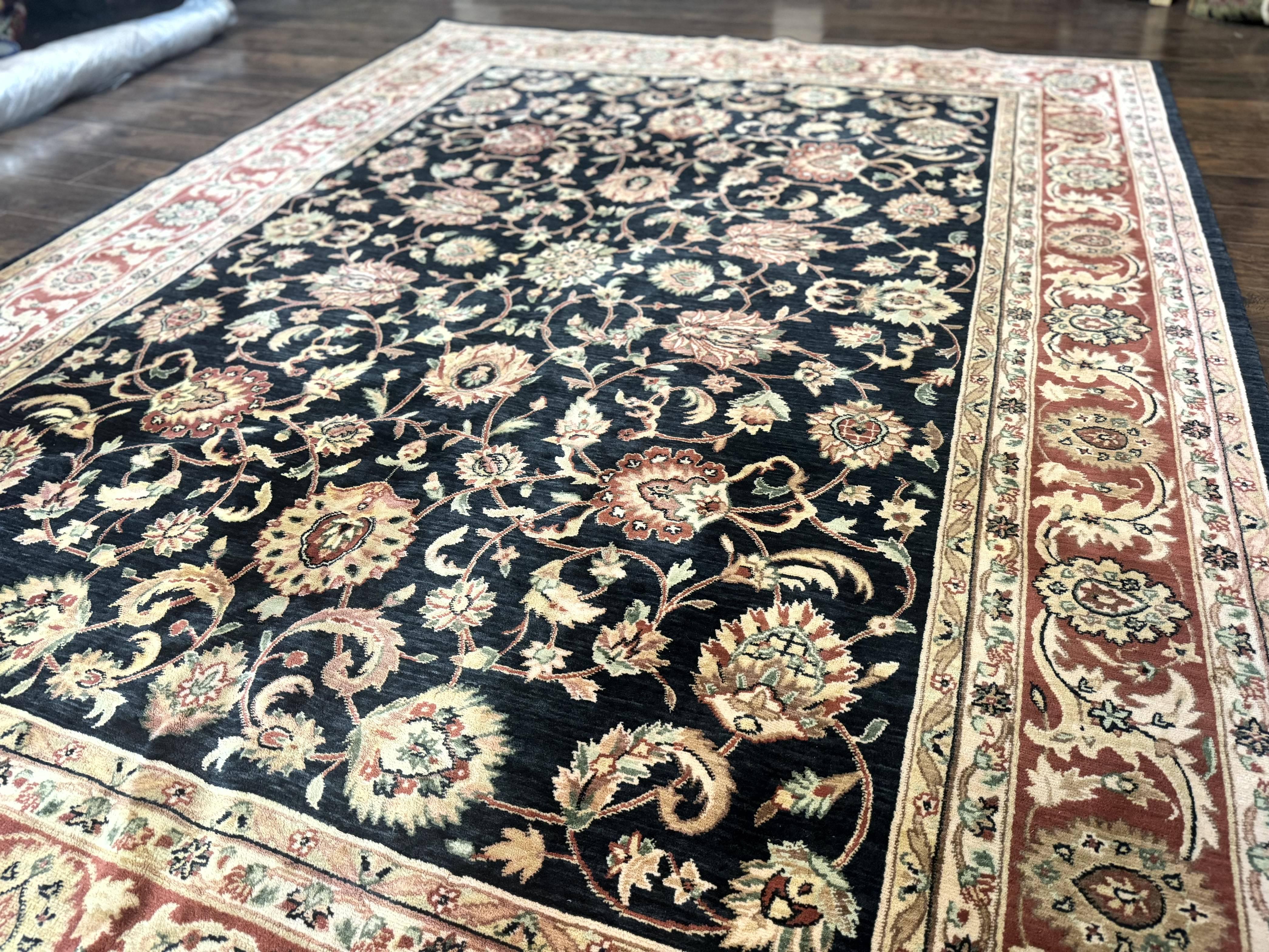 Vintage Oriental Rug 8x11, Floral Persian Design Carpet, Turkish Power Loomed Rug, Navy Blue Red Cream - Jewel Rugs