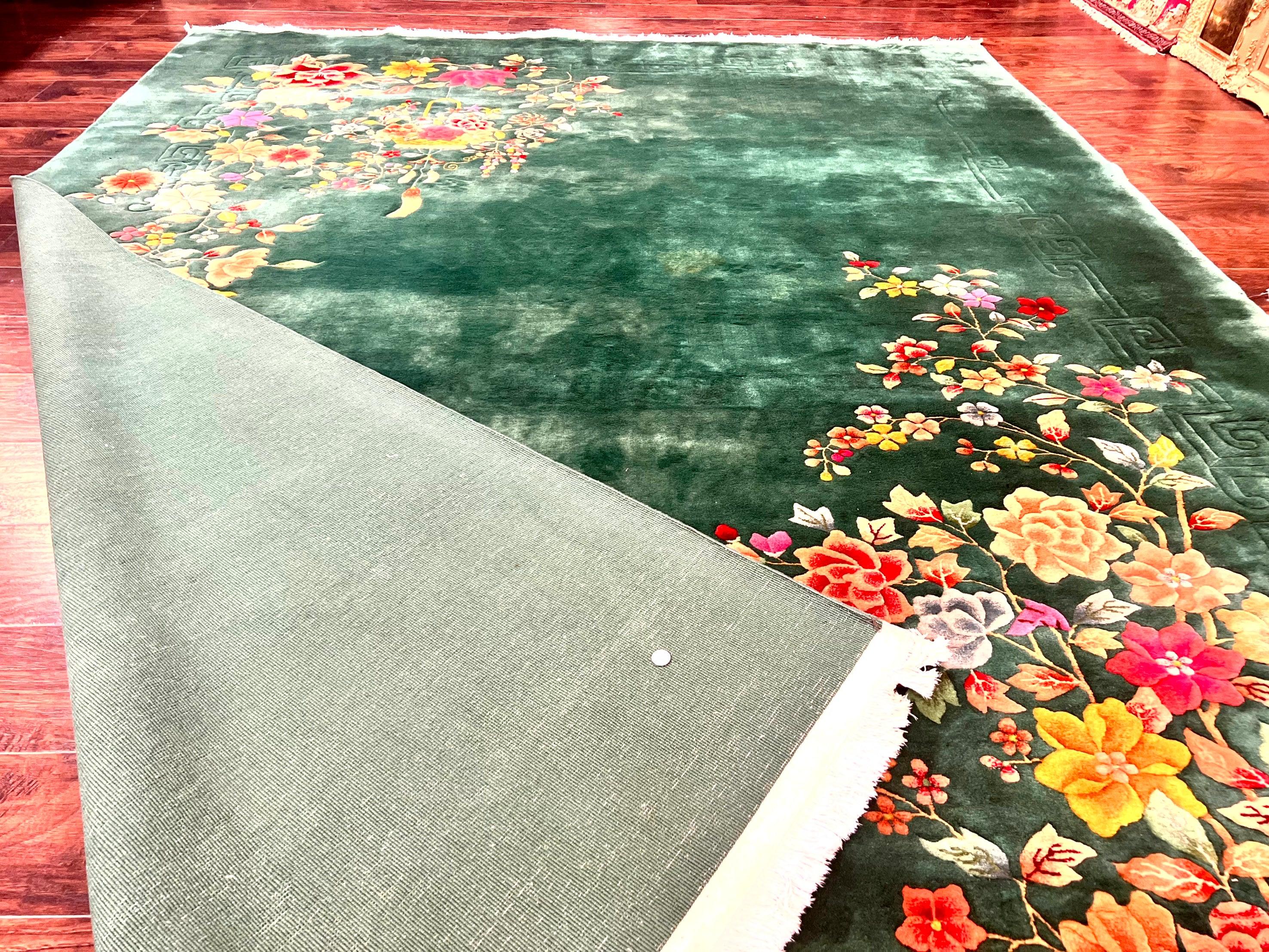 Green Chinese Art Deco Rug 9 x 11.6, Simple Design, Floral, Chinese Wool Carpet, Vintage Semi Antique, Nichols Rug, Handmade - Jewel Rugs