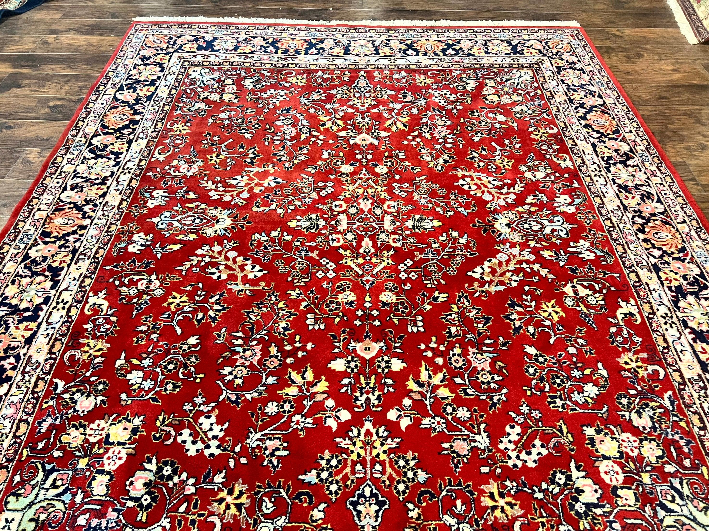 Indo Persian Sarouk Rug 8x10, Red, Floral Allover, Handmade Vintage Wool Carpet, Traditional Rug - Jewel Rugs