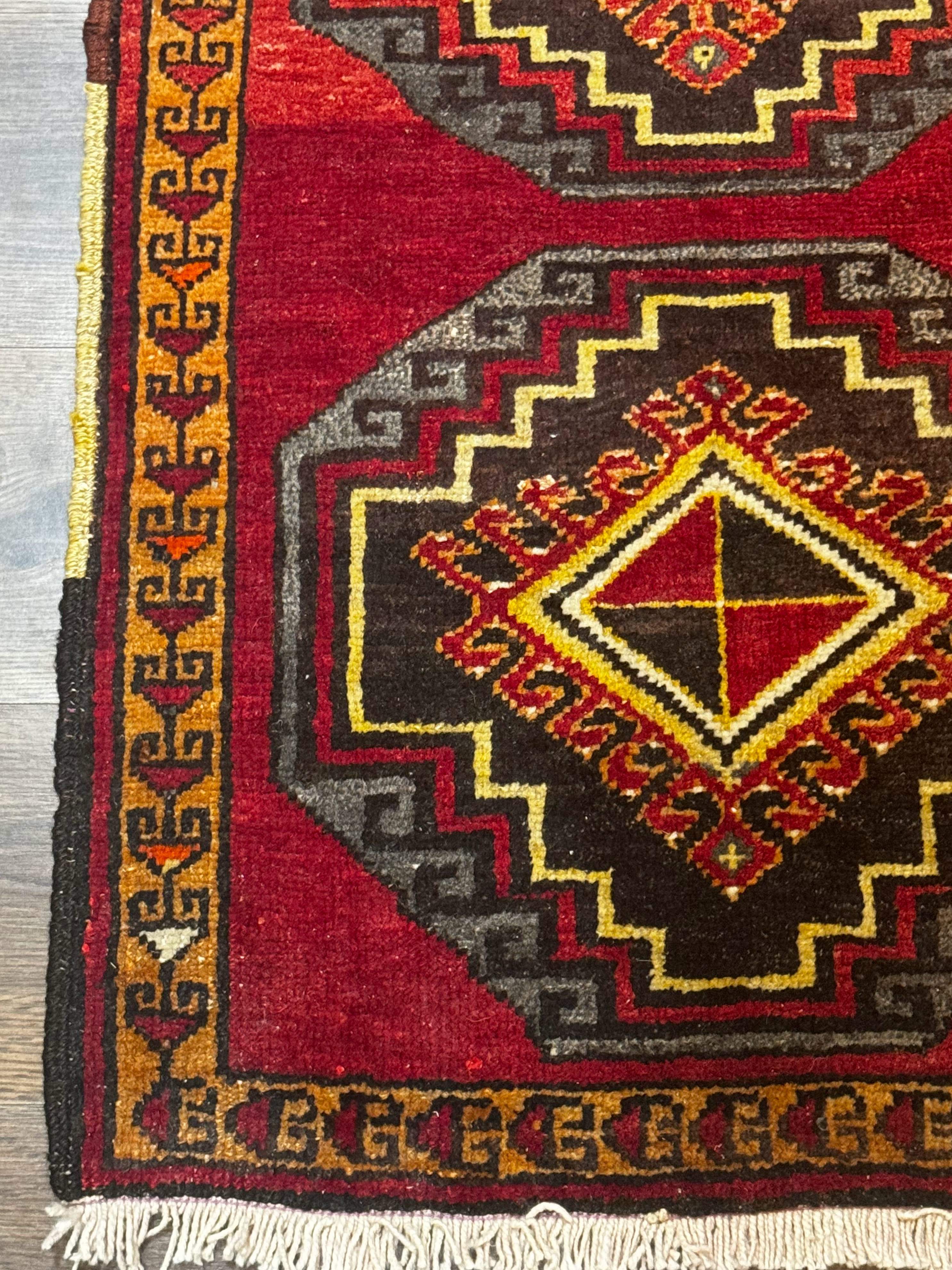 Small Antique Turkish Yastik Rug 2x3, Double Medallions, Geometric, Red, Wool - Jewel Rugs
