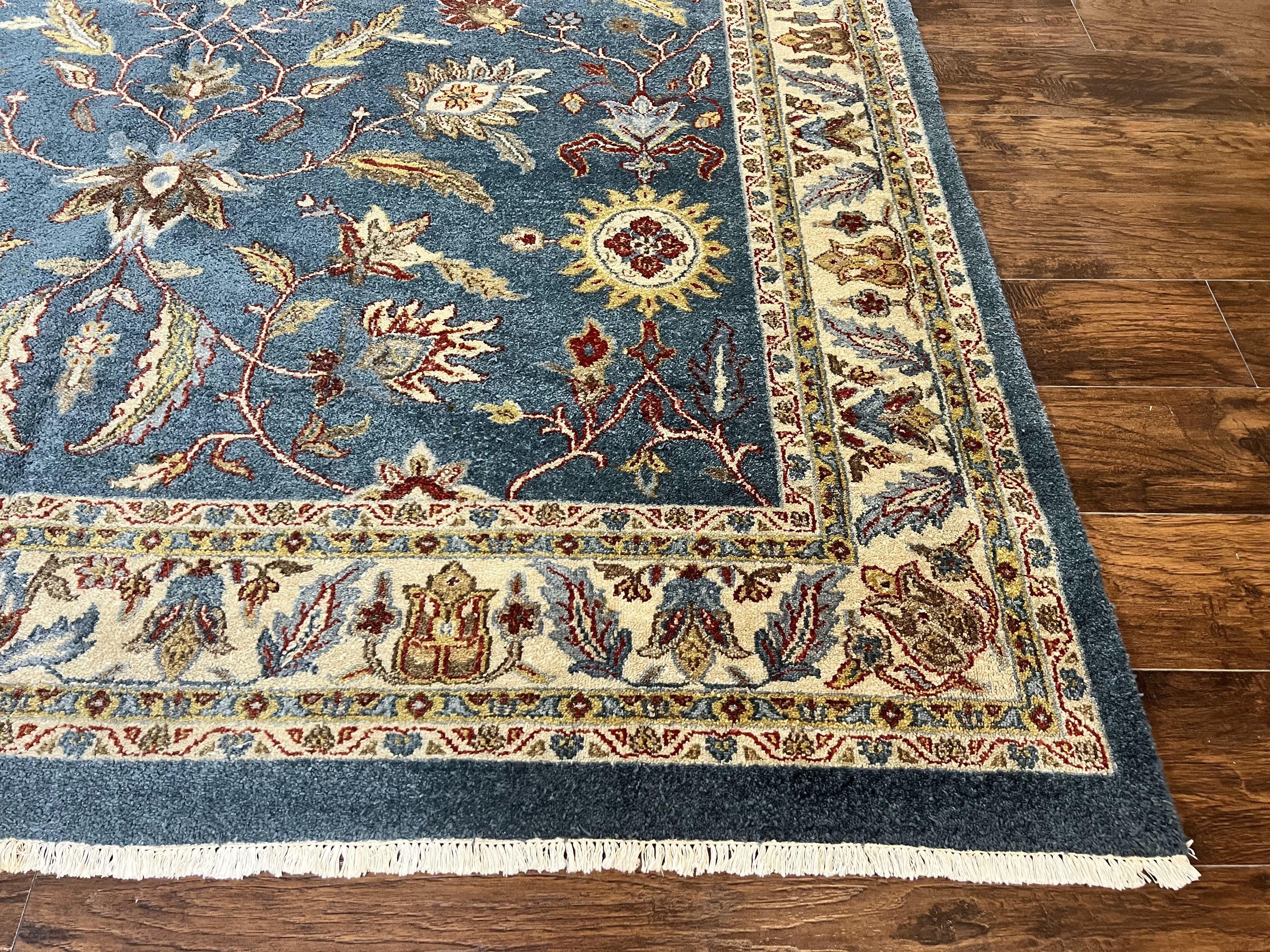 Indo Persian Rug 8x10, Blue Oriental Carpet, Floral, Handmade Vintage Wool Rug - Jewel Rugs