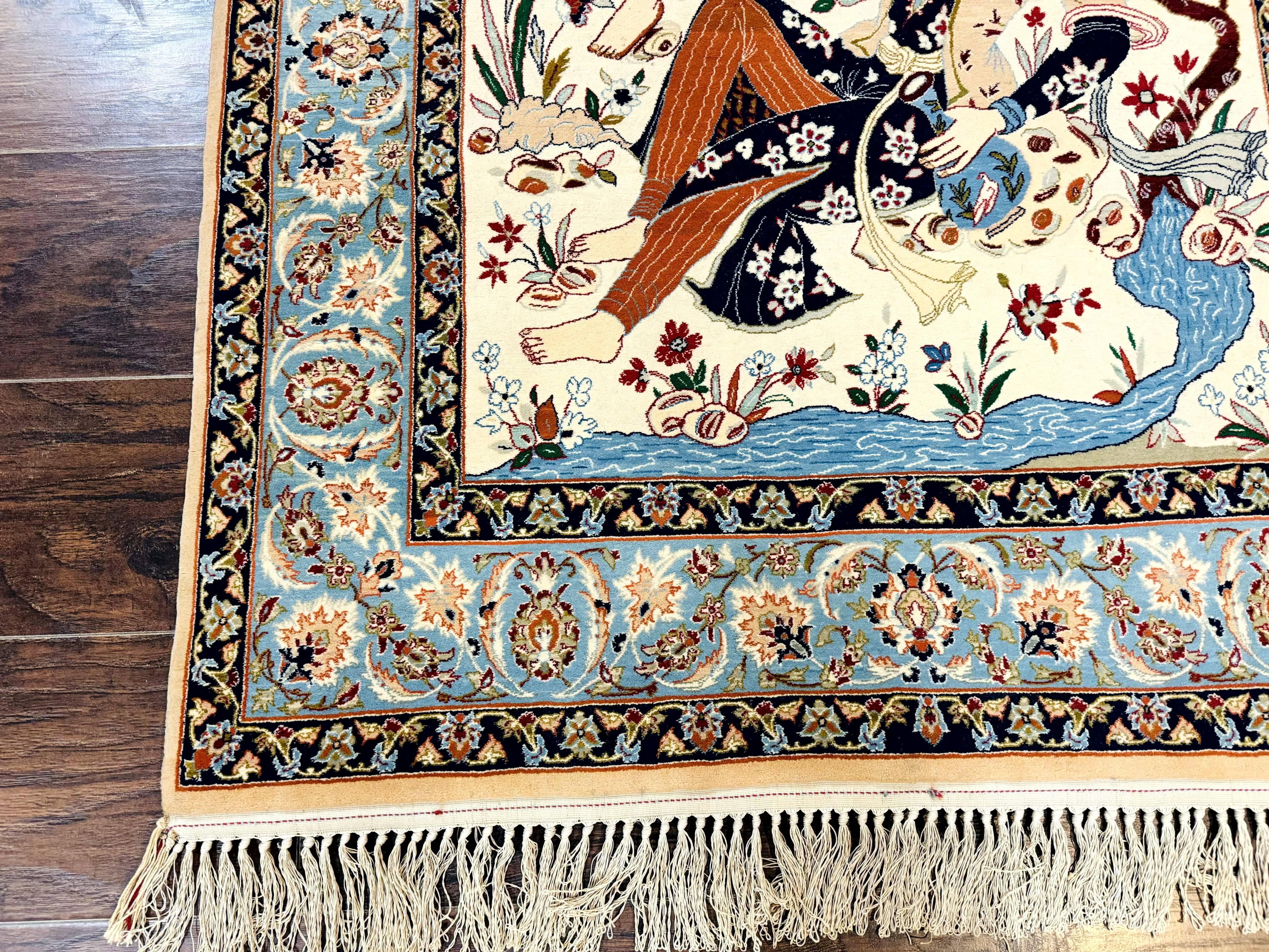 Persian Isfahan Pictorial Rug, Two Lovers, Kork Wool on Silk Foundation, Ivory and Light Blue, 500 KPSI Super Fine - Jewel Rugs