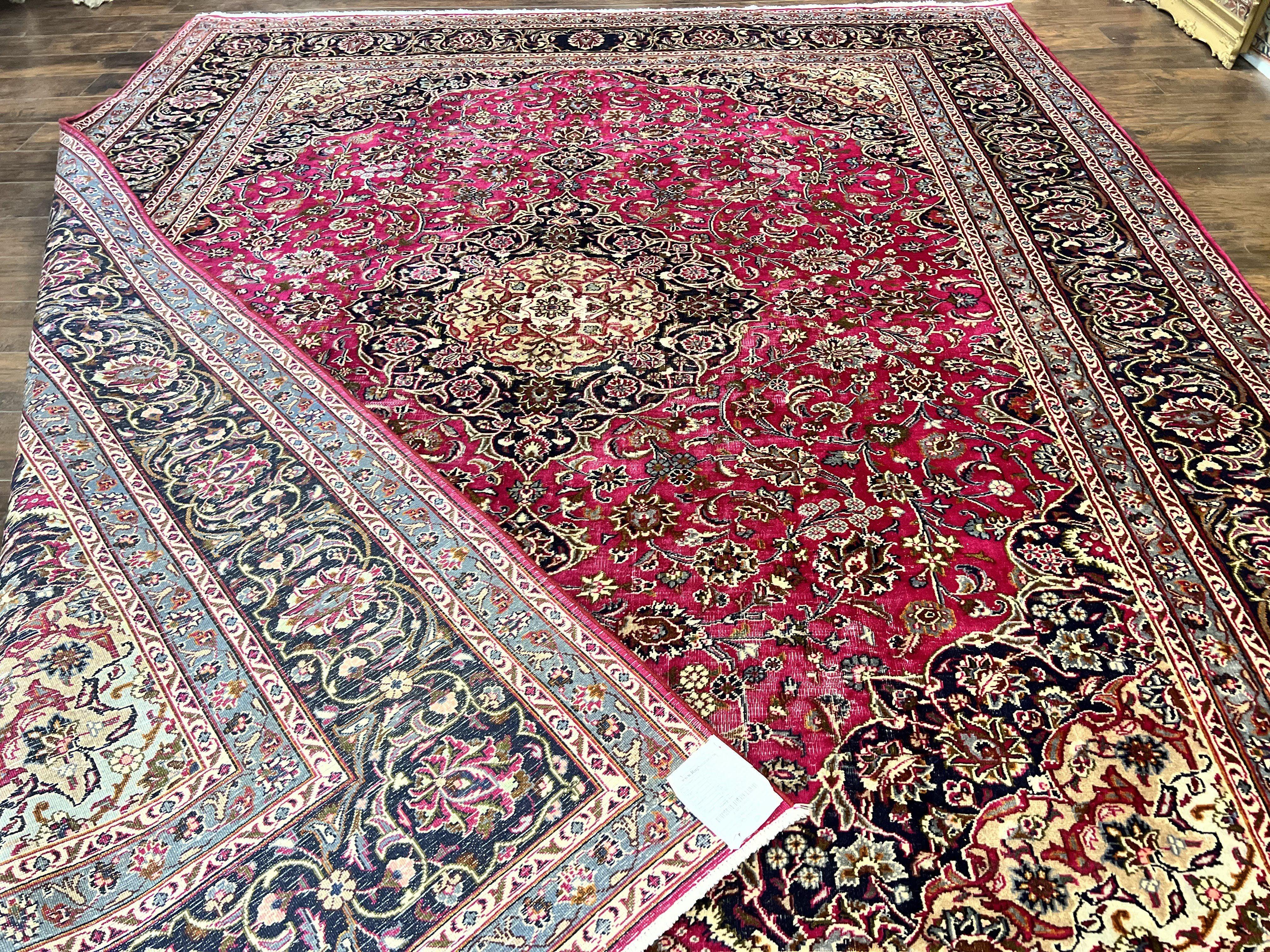 Persian Rug 10x13, Wool Hand Knotted Antique Kashmar Carpet, Raspberry Red & Navy Blue, Floral Medallion, Traditional Oriental Rug 10 x 13 - Jewel Rugs