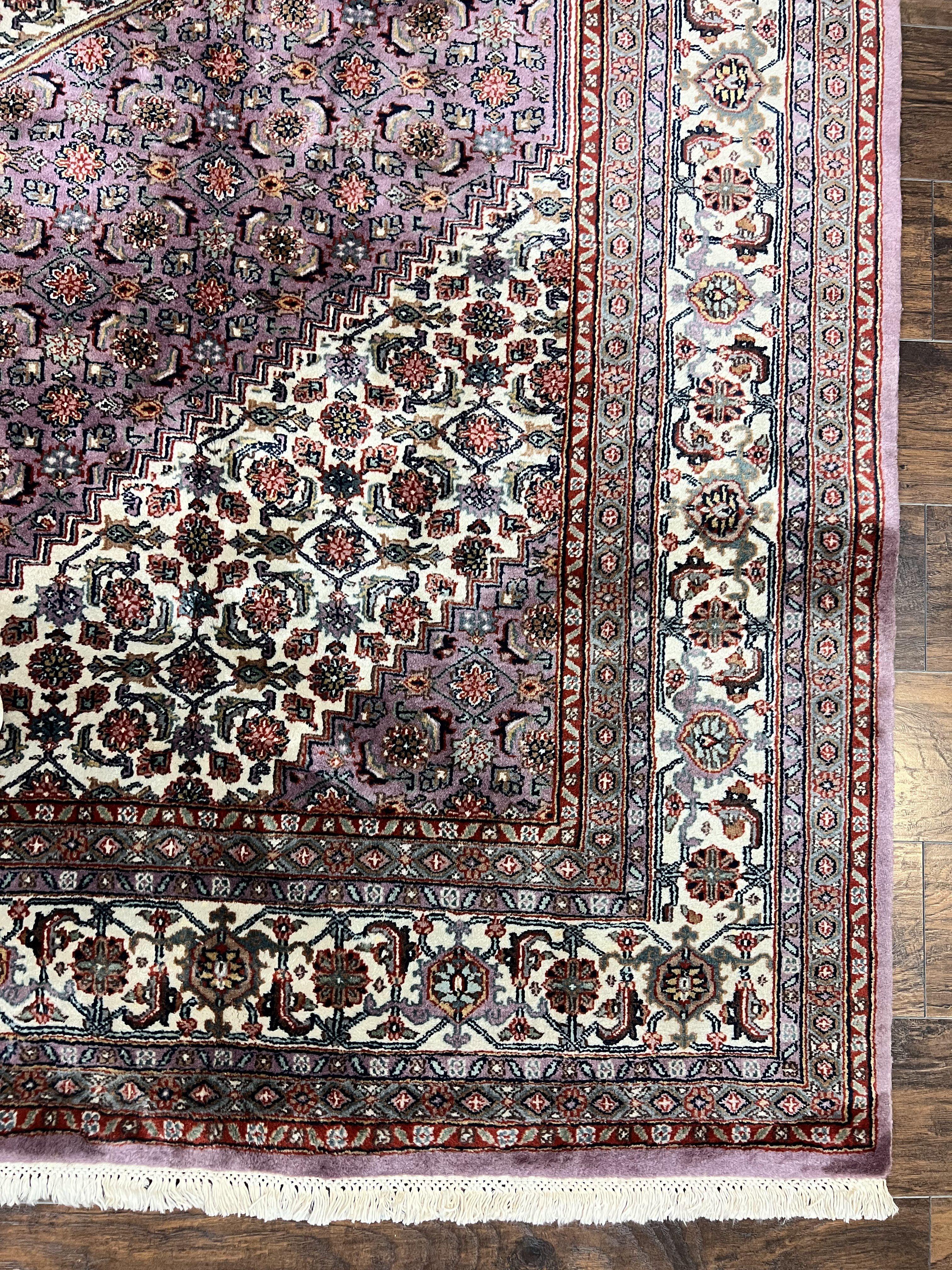 Indo Persian Bidjar Rug 8x10, Purple and Ivory Hand Knotted Wool Vintage Oriental Carpet, Herati Mahi Pattern, 8 x 10 Traditional Fine Rug - Jewel Rugs