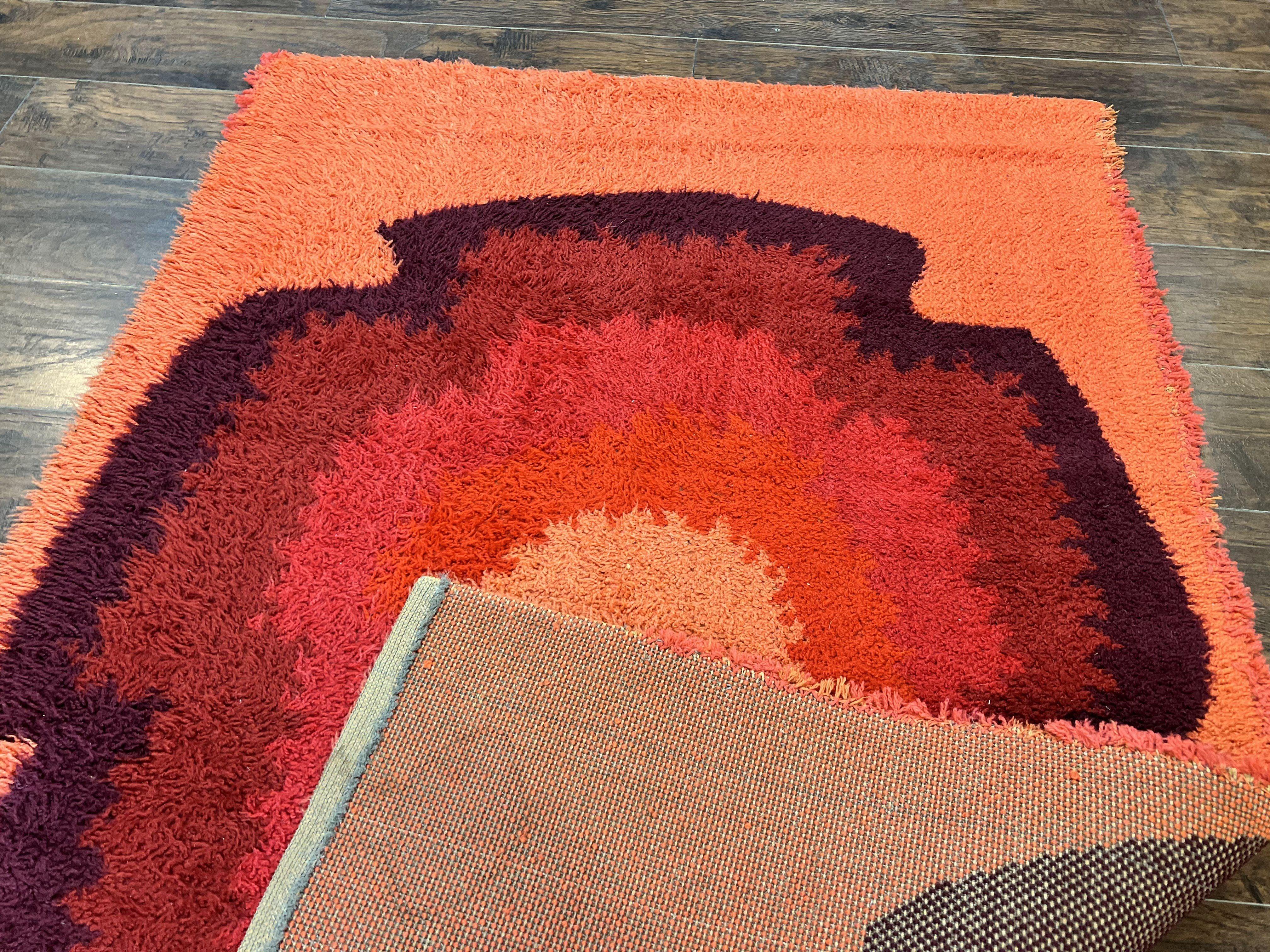 Danish Rya Shag Rug 4x6, Mid Century 1960s Retro Vintage Wool Rug, Shades of Red - Jewel Rugs