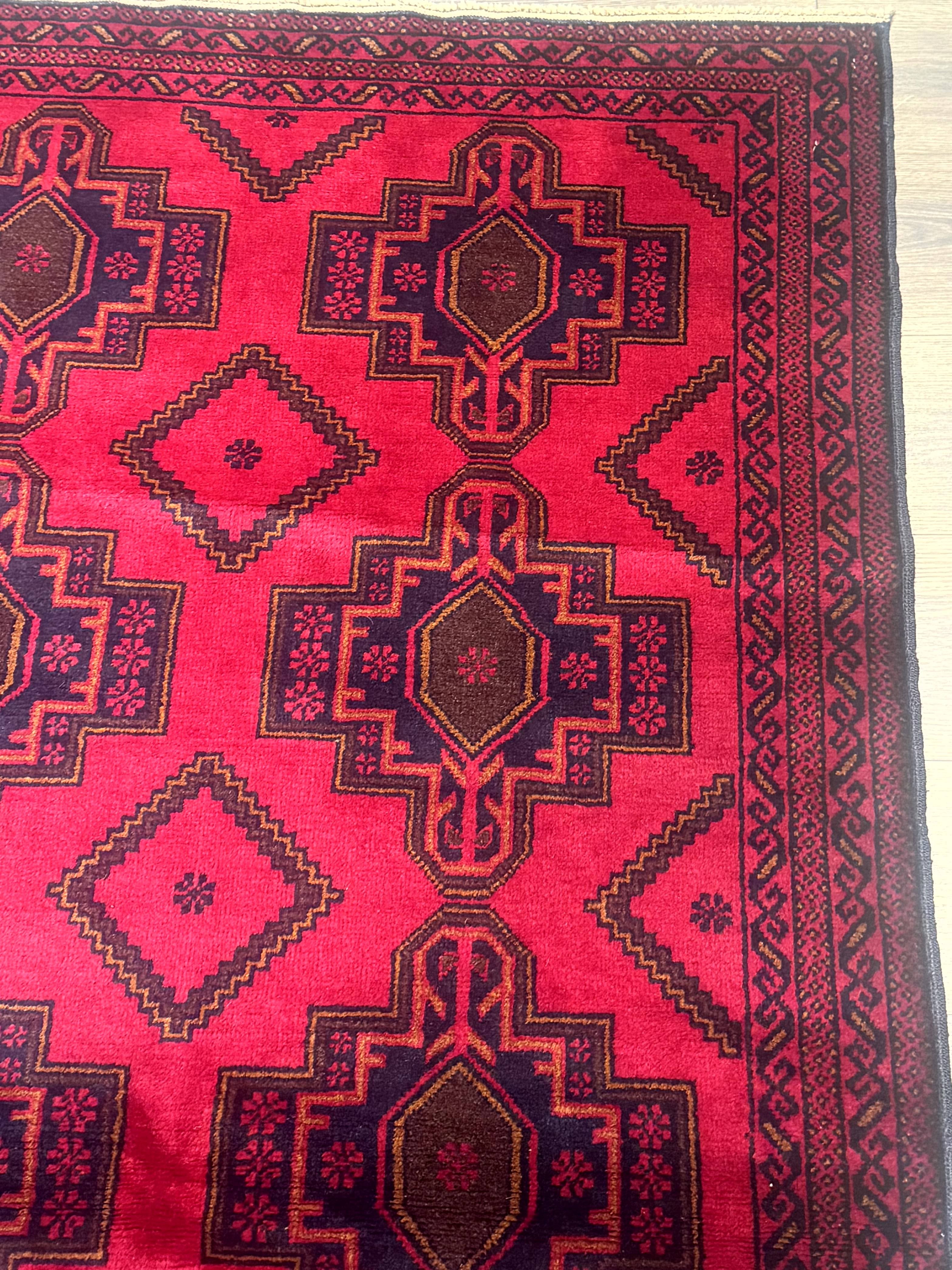 Afghan Rug 4x7, Tribal Carpet, Balouch Rug, Red and Navy Blue, Repeated Medallions, New - Jewel Rugs