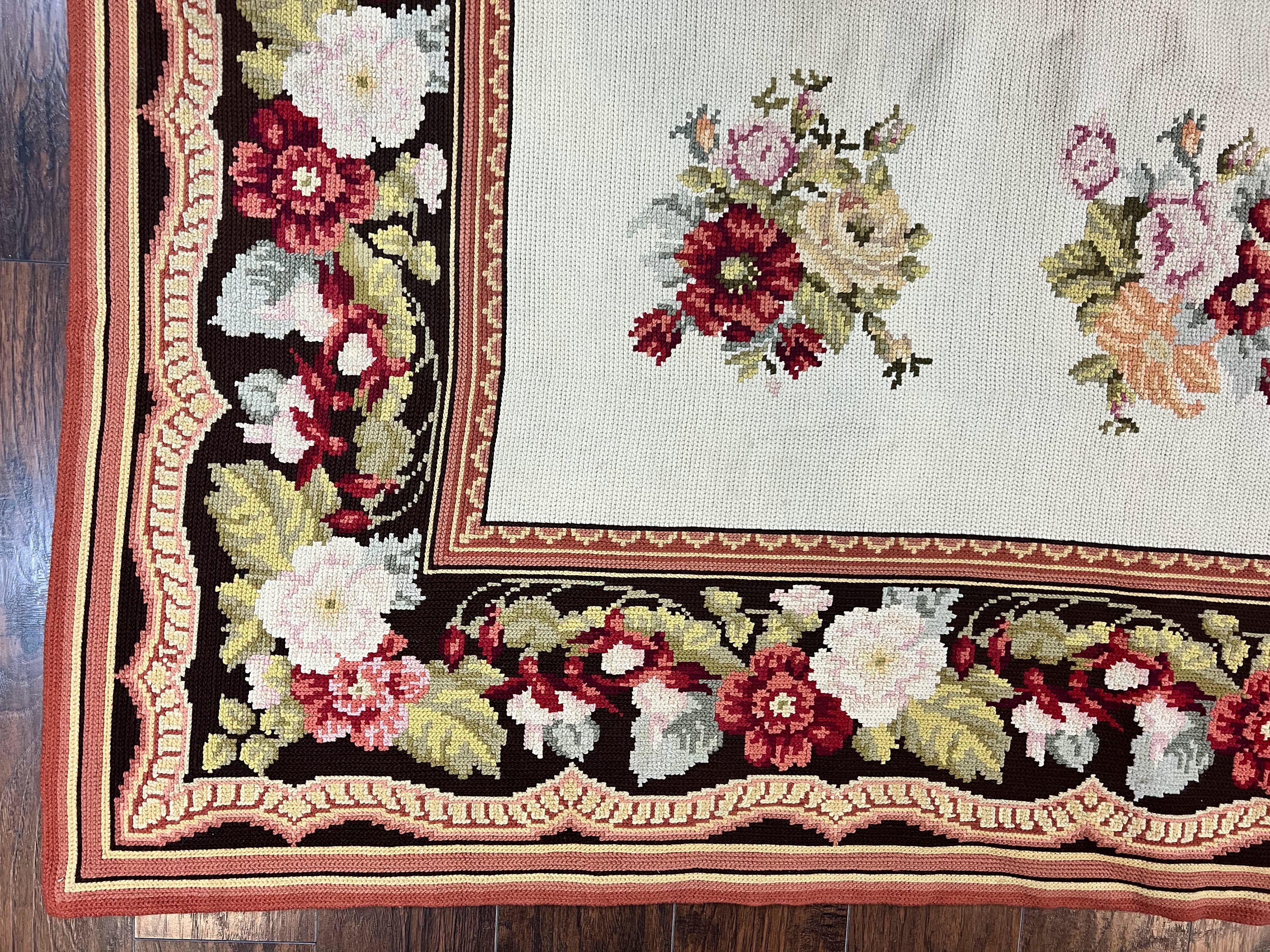 Portuguese Needlepoint Rug 8x9, Vintage Rug 8 x 9 ft, Ivory Dark Brown Hand-Woven Wool Portuguese Carpet, European Rug - Jewel Rugs