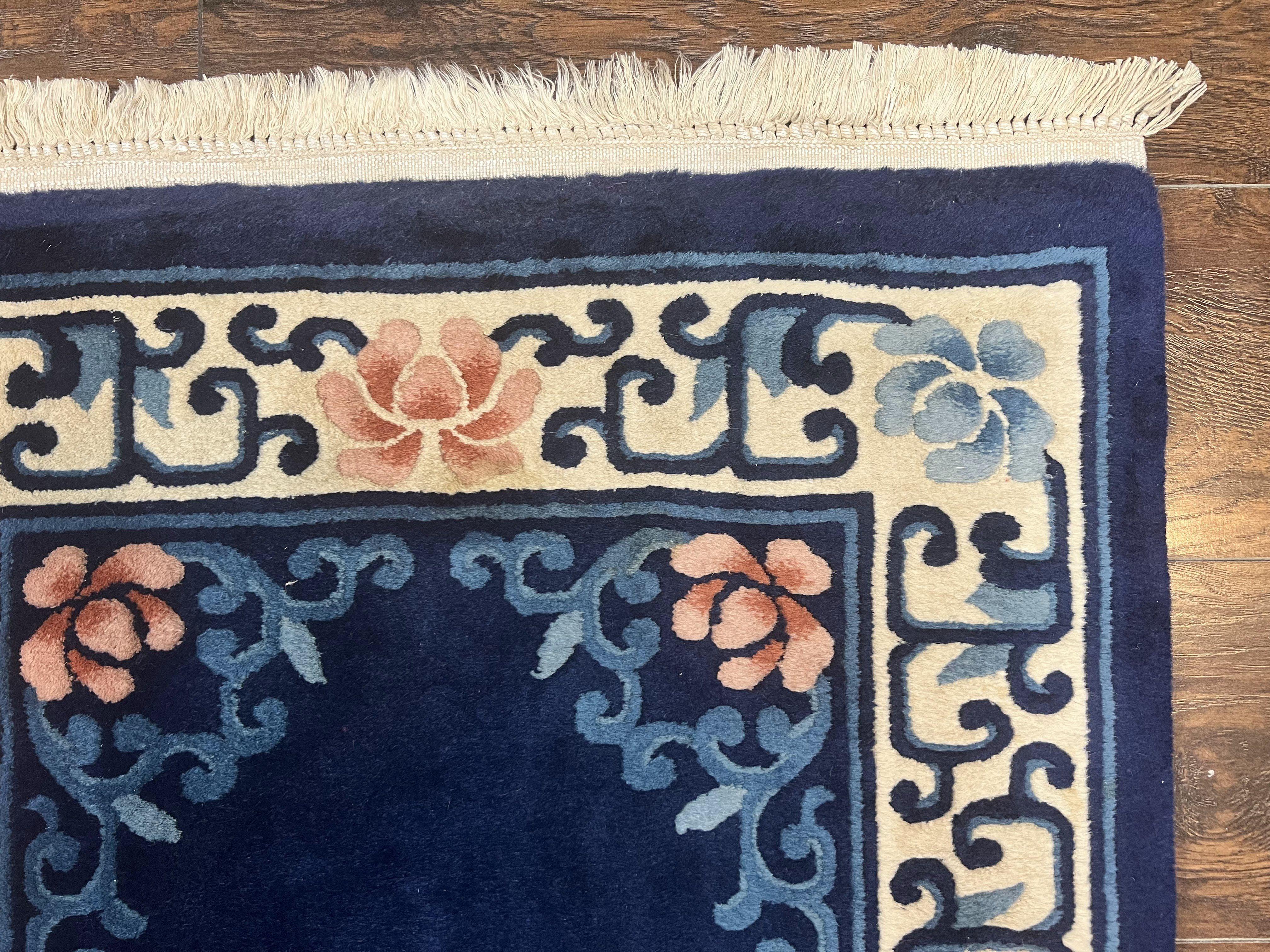 Chinese Wool Runner Rug 2.6 x 12, Blue and Beige, Handmade Vintage Wool Rug for Hallway, 12ft Runner, Asian Oriental Art Deco 90 Line Rug - Jewel Rugs