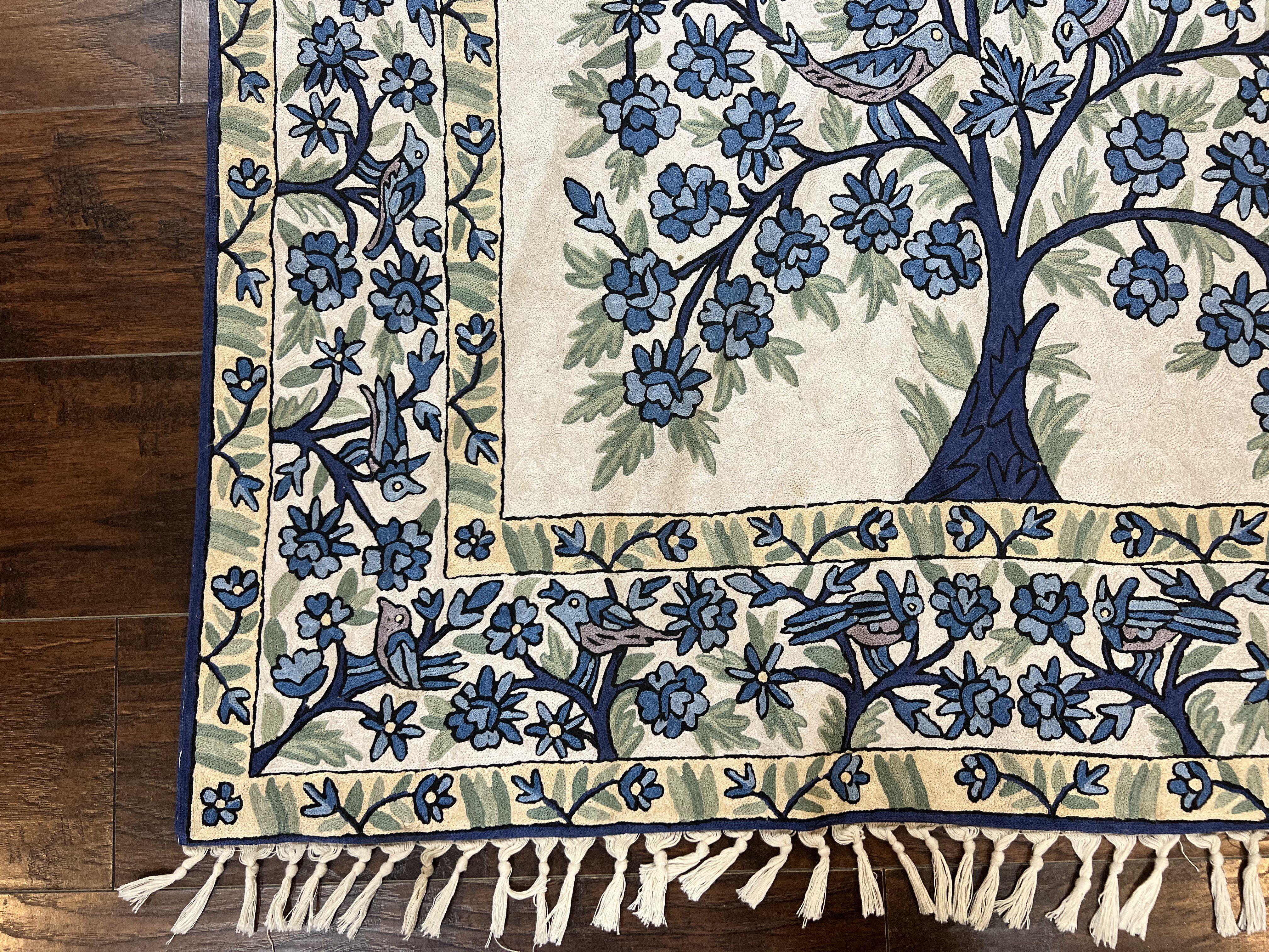 Tree of Life Indian Hand Stitched Rug 4x6, Indian Wall Hanging Rug, Ivory Blue, Silk on Cotton, Vintage - Jewel Rugs