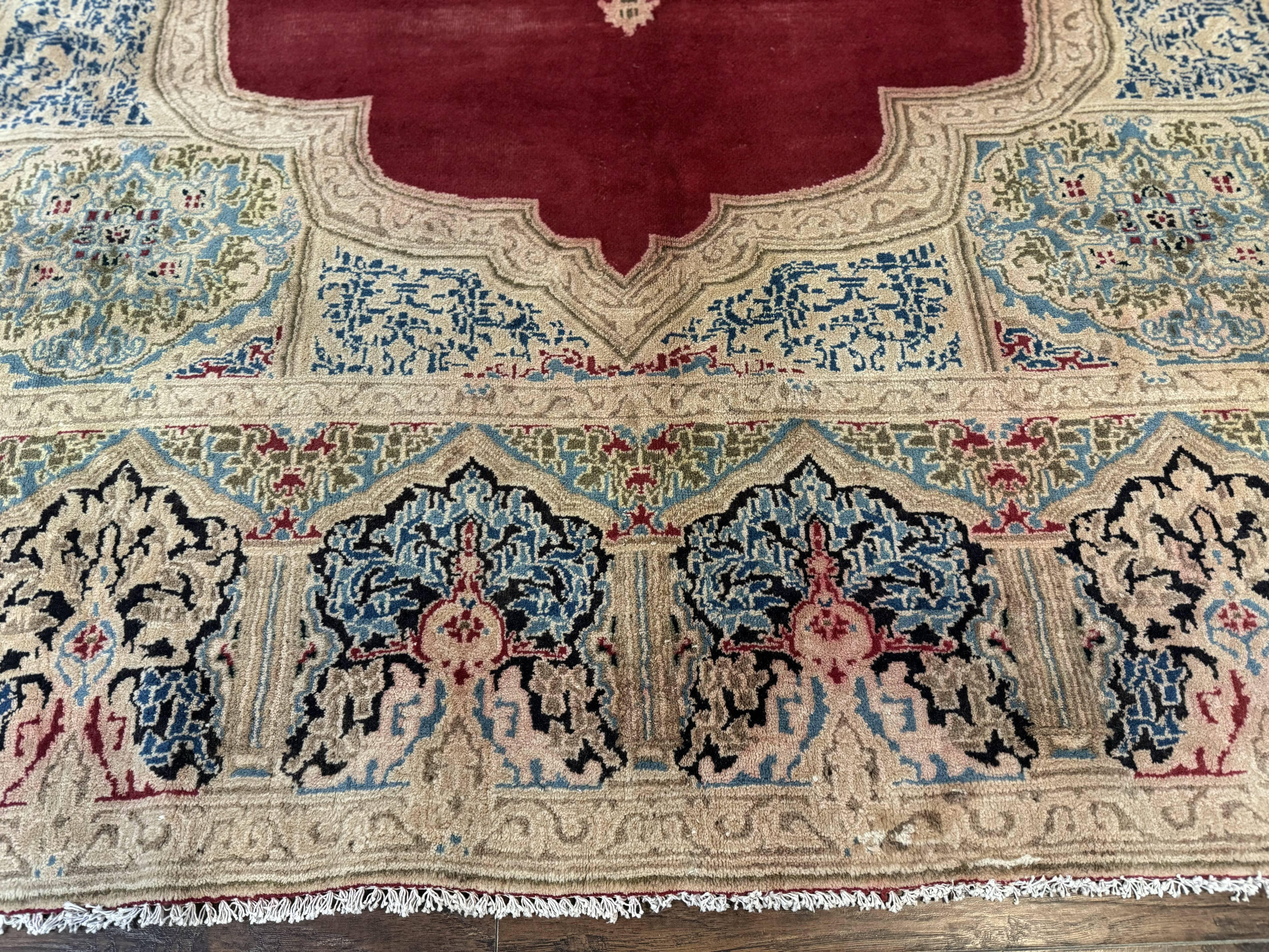 Large Persian Kerman Rug 10x13, Semi Open Field, Red Blue Tan, Handmade Persian Carpet, Antique - Jewel Rugs