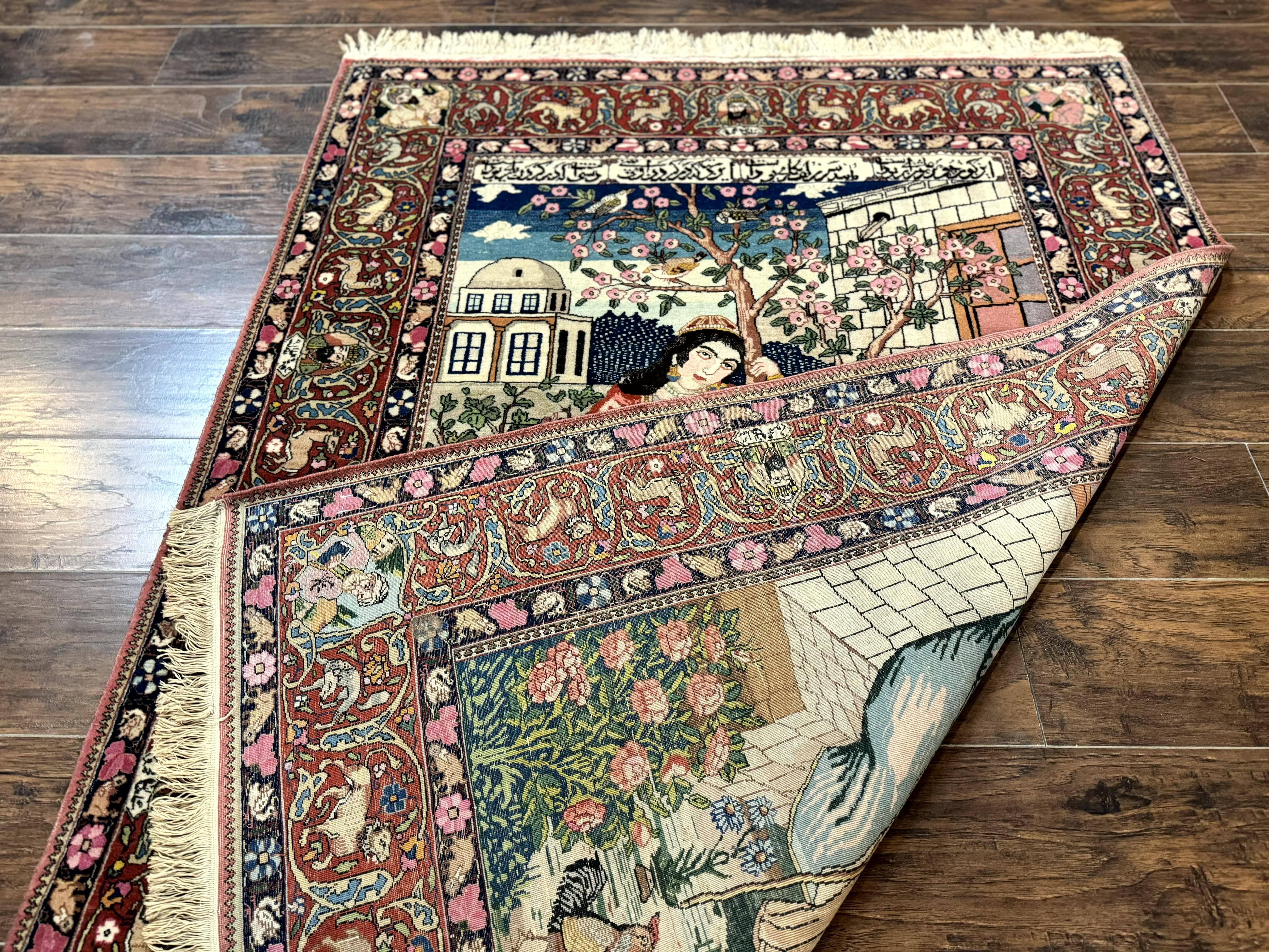 Wonderful Persian Kashan Pictorial Rug 4.7 x 6.5, Persian Rug for Wall Hanging, Handmade Antique Wool Carpet Animal Motifs Poetry Lovers, 240 KPSI - Jewel Rugs