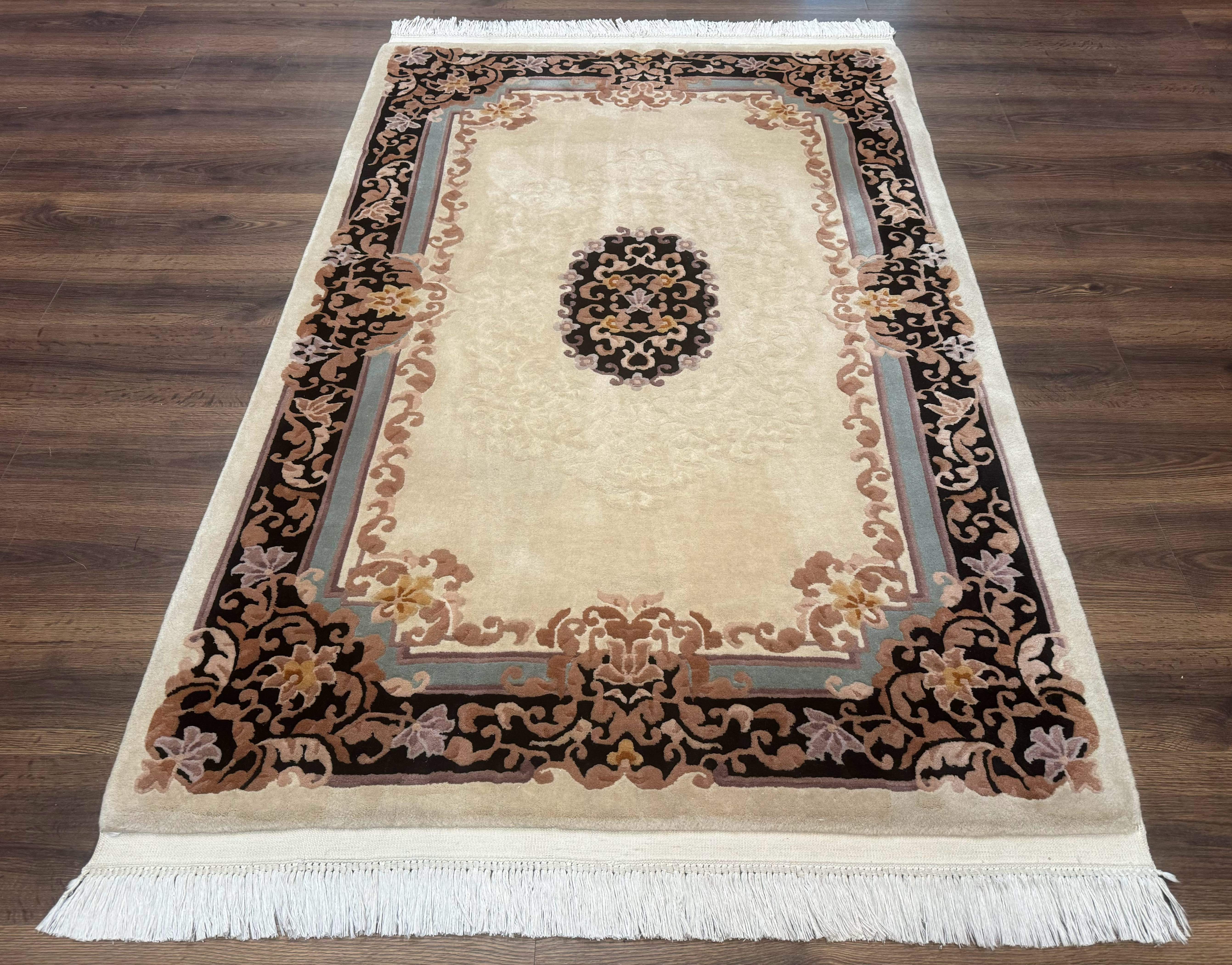 Chinese Aubusson Wool Rug 4x6, 90 Line Rug, Wool, Oat & Black - Jewel Rugs