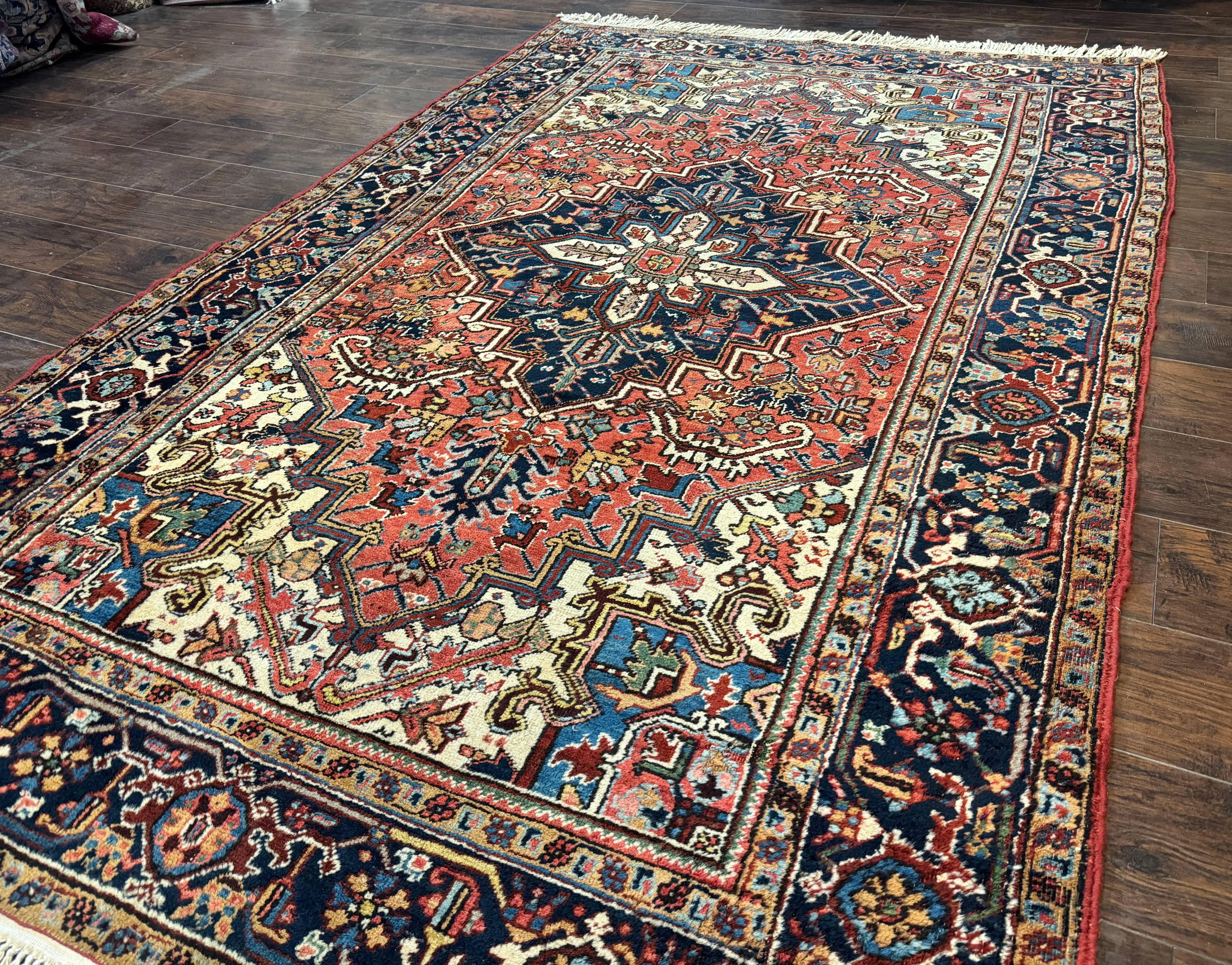 Antique Persian Heriz Rug 6x9, Red Navy Blue, Wool, Geometric Medallion - Jewel Rugs