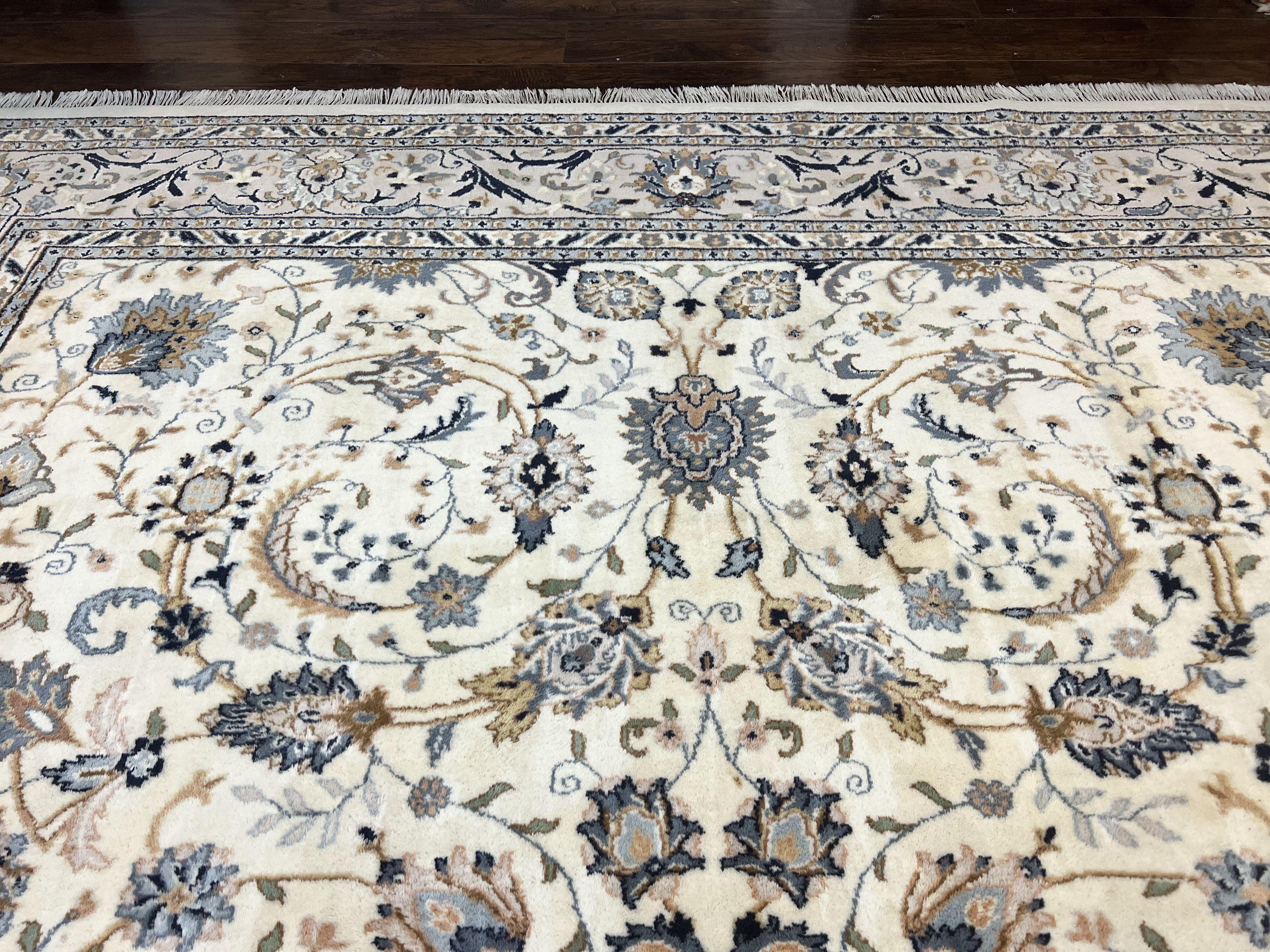 Indo Persian Rug 10x14, Floral Allover, Ivory and Light Gray, Handmade Vintage Wool Large Carpet - Jewel Rugs