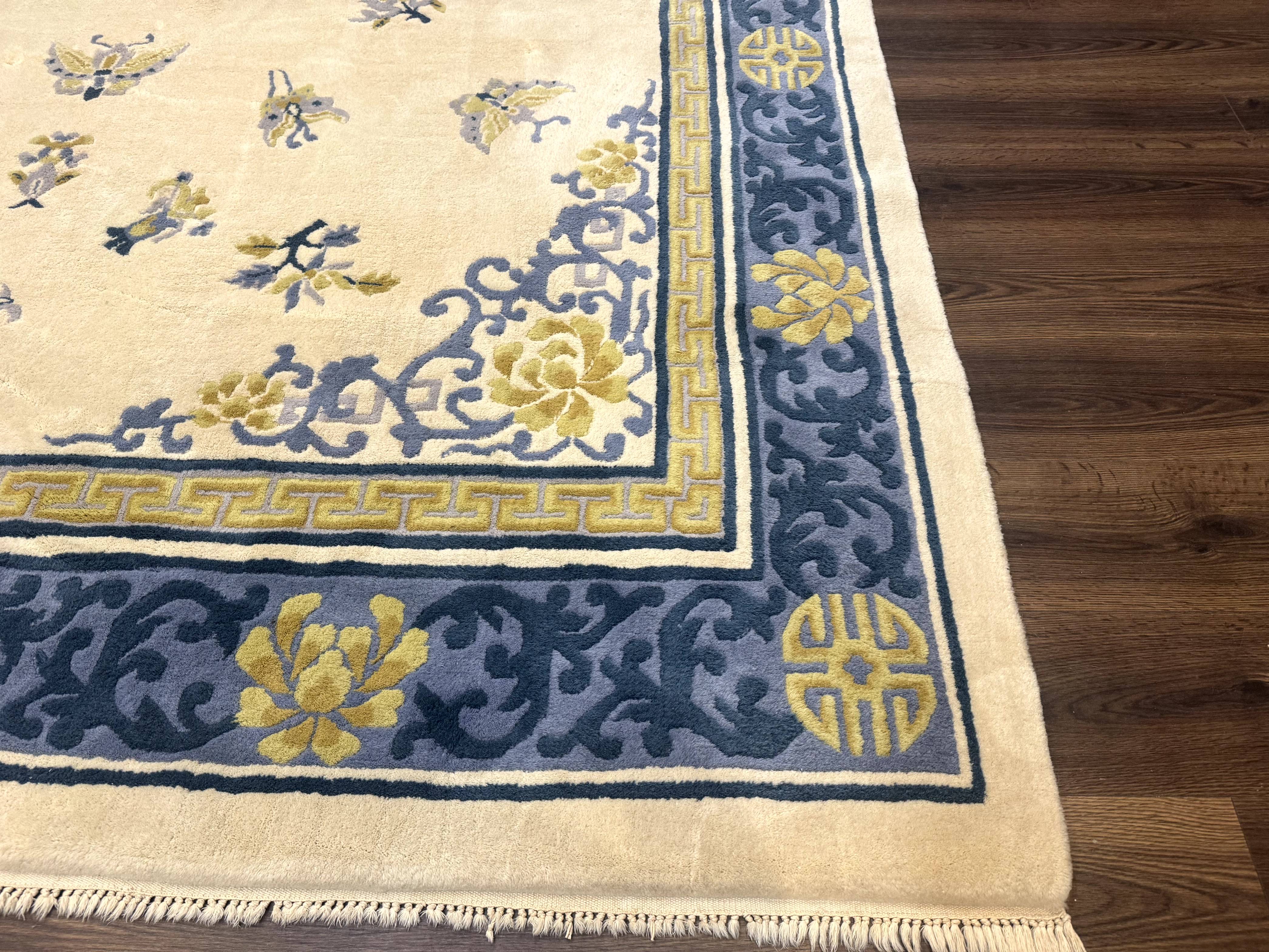 Indo Chinese Wool Rug 9x12 Beige Blue Butterflies Flowers - Jewel Rugs
