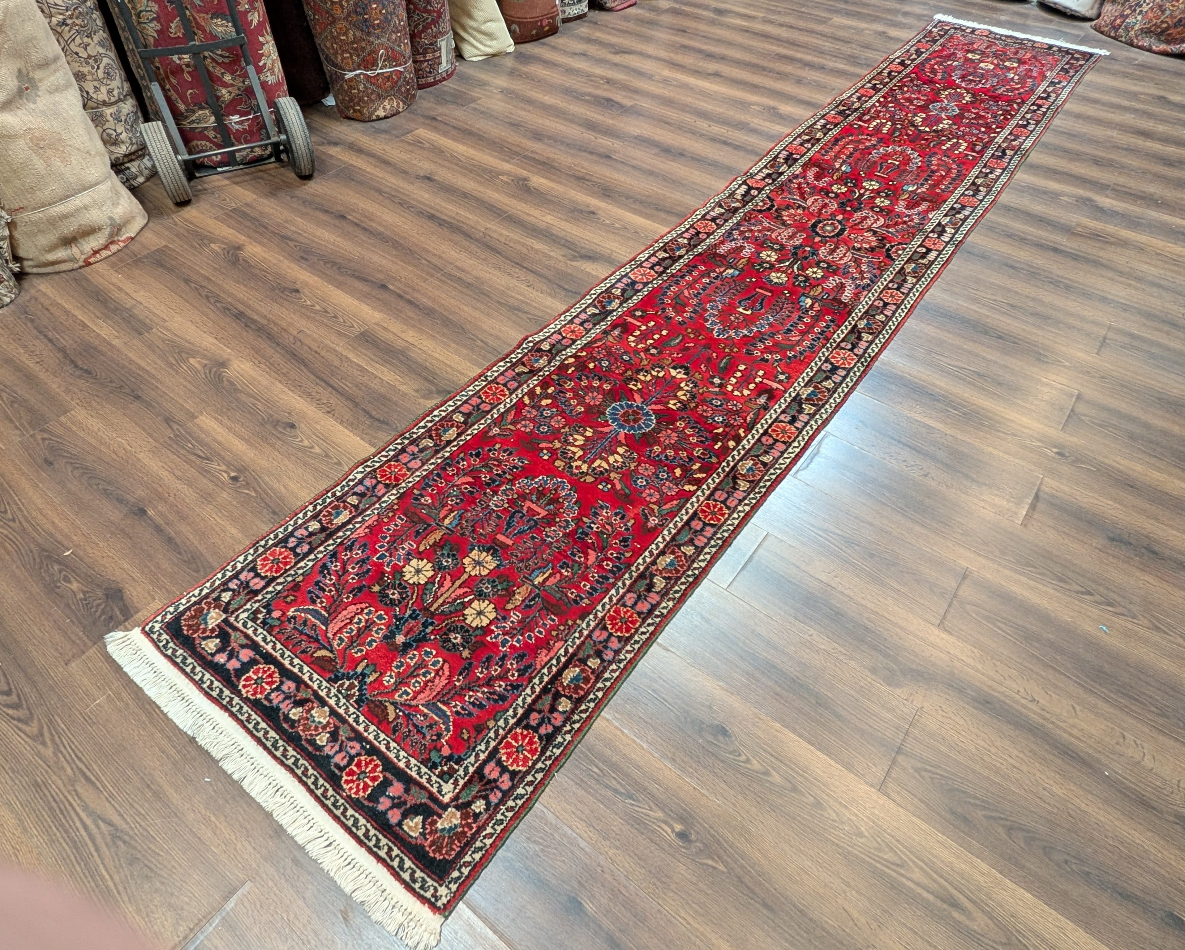 Red Persian Runner Rug 3 x 15, Hamadan Runner, Vintage - Jewel Rugs