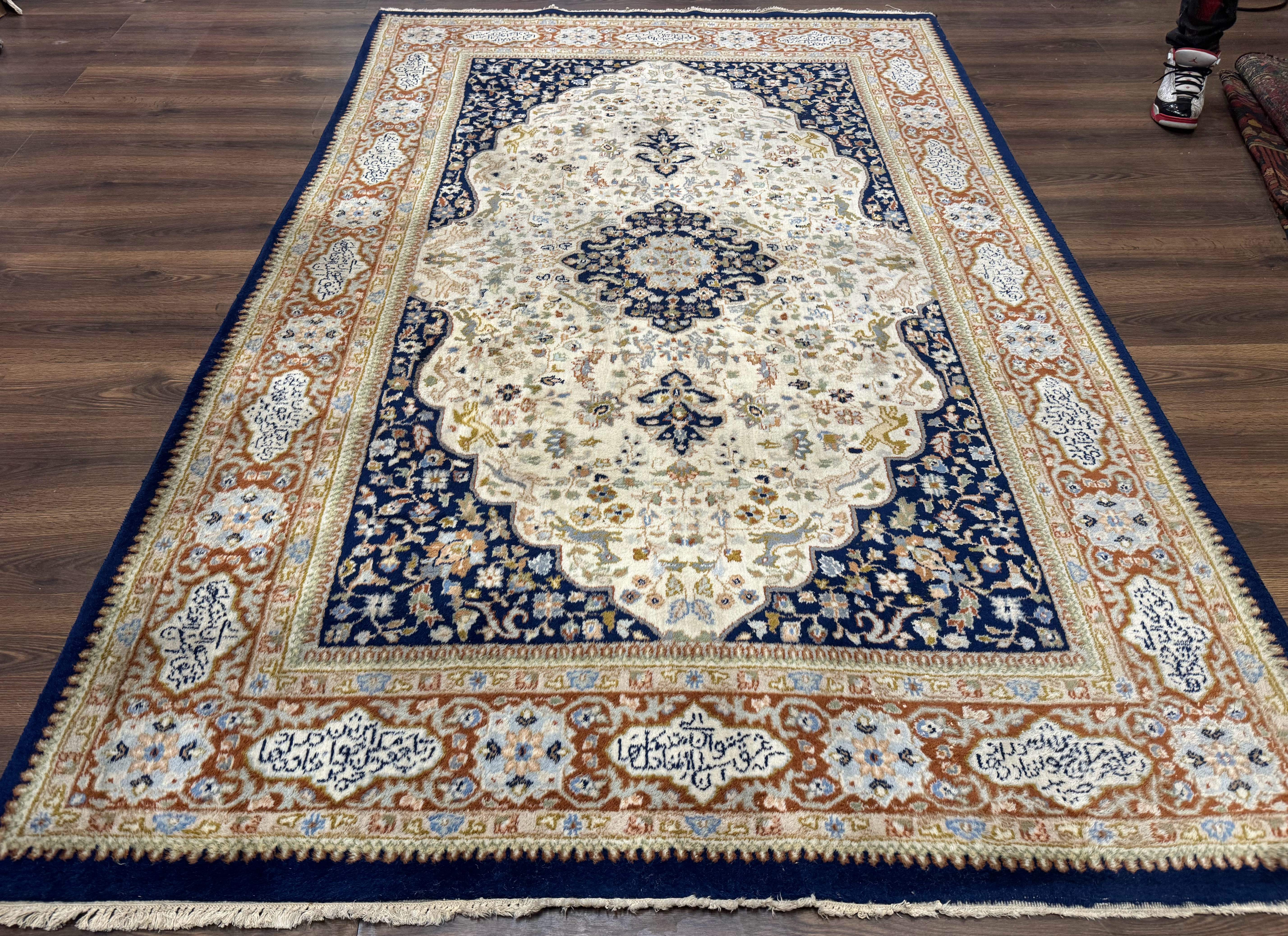 Indo Persian Rug 6x9 – Ivory and Navy, Hunting Design, Wool, Vintage, Poetry in Borders - Jewel Rugs