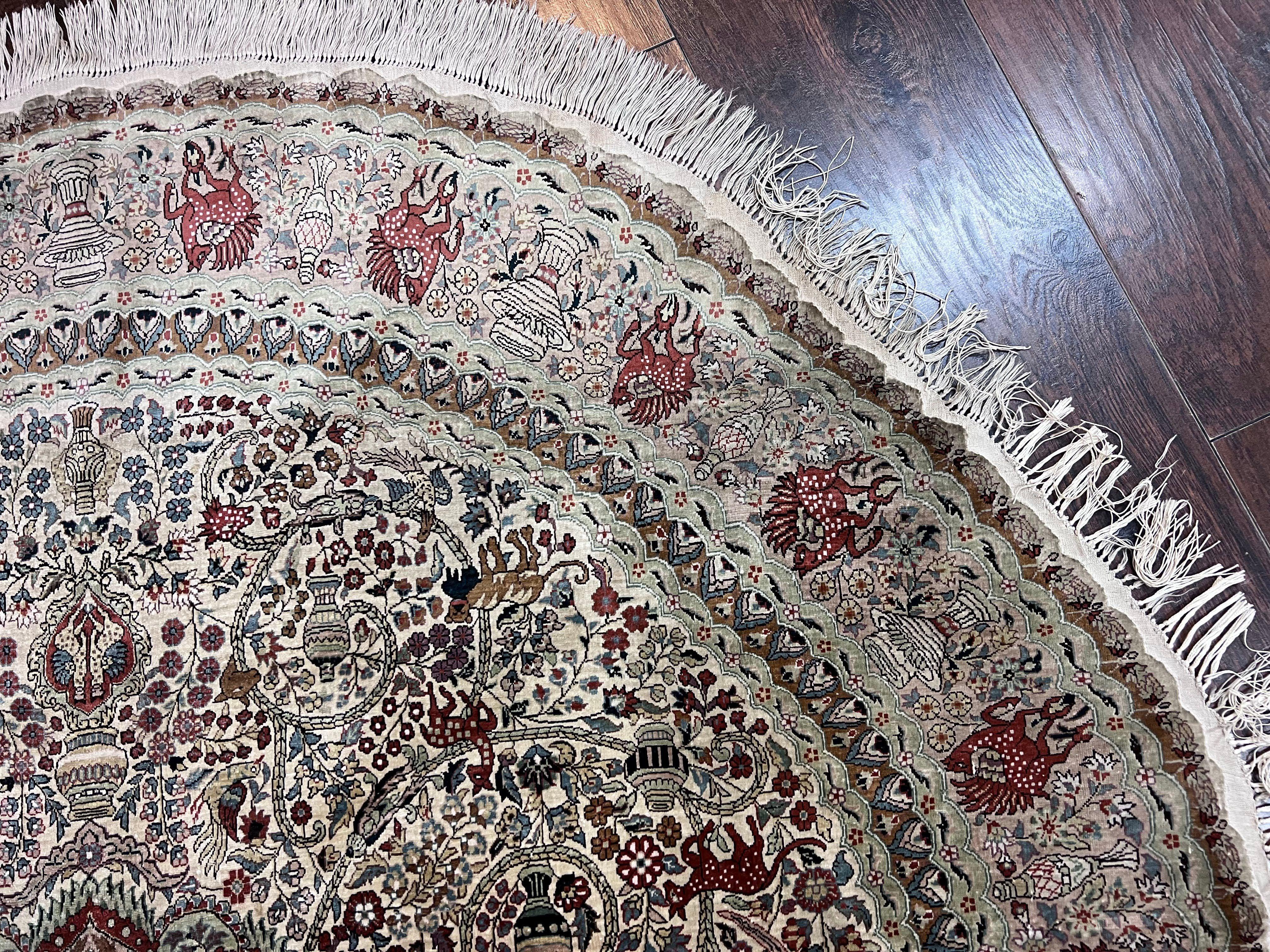 Silk Round Sino Persian Rug 5x5, Super Fine 650 KPSI, All Silk Vintage Handmade Round Carpet, Animal Pictorials, Floral Medallion Cream, Wow - Jewel Rugs