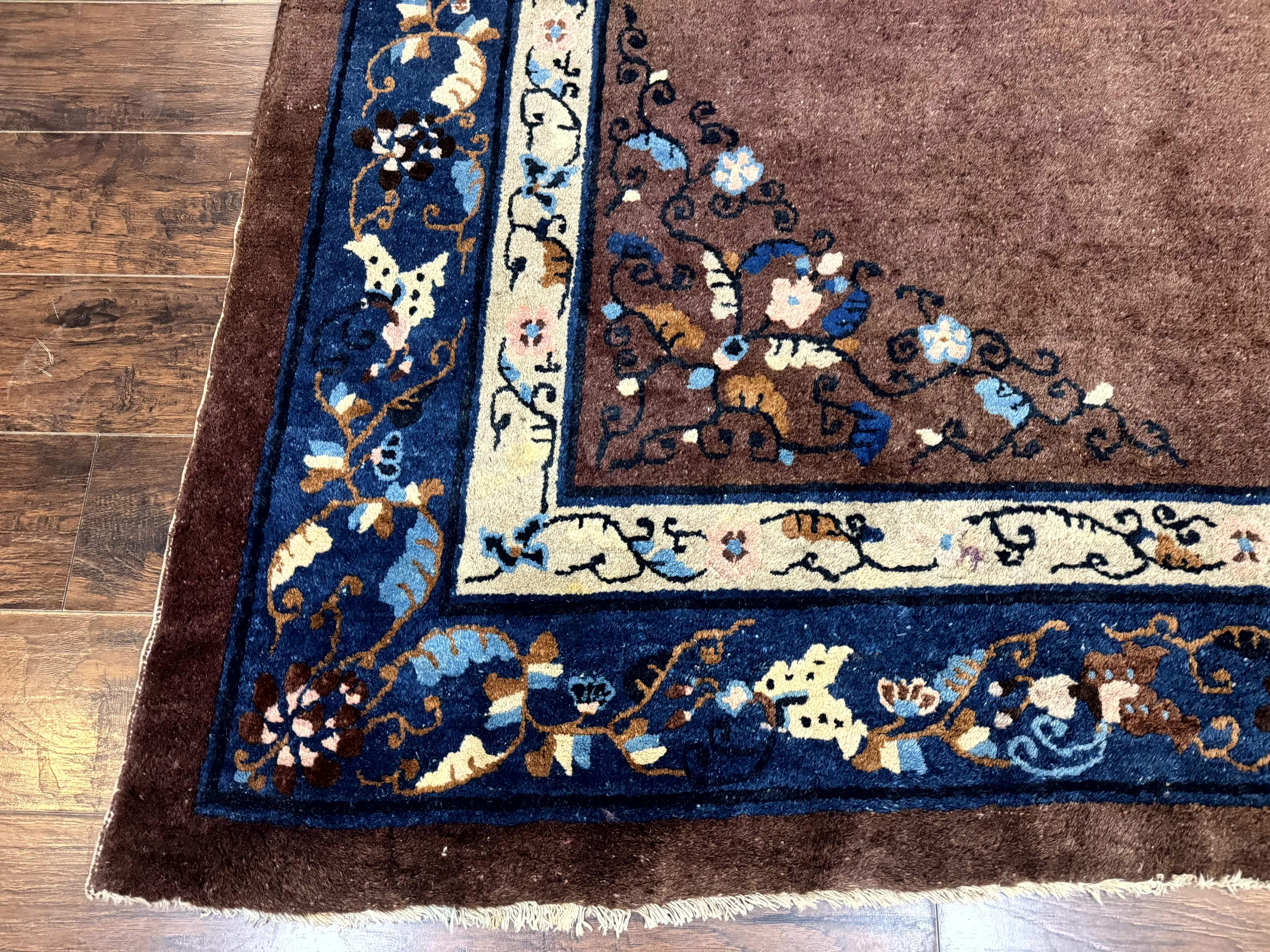 Antique Chinese Wool Rug 9x11, Large Chinese Art Deco Rug, Peking Rug, Brown and Blue, Open Field, Fete Rug - Jewel Rugs