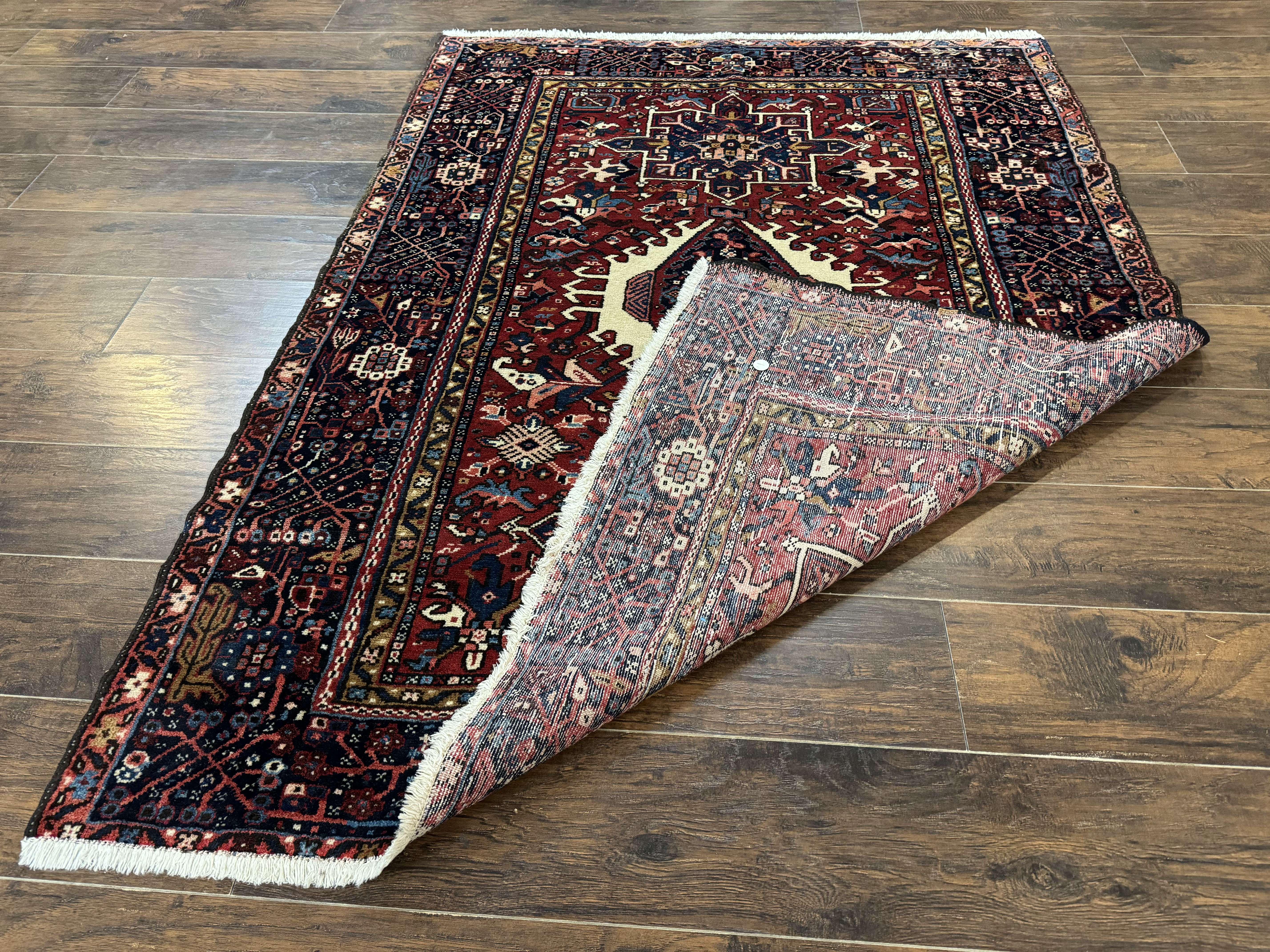 Persian Karajeh Rug 5x6, Antique Heriz Carpet, Geometric, Persian Tribal Rug, Brick Red Navy Blue - Jewel Rugs