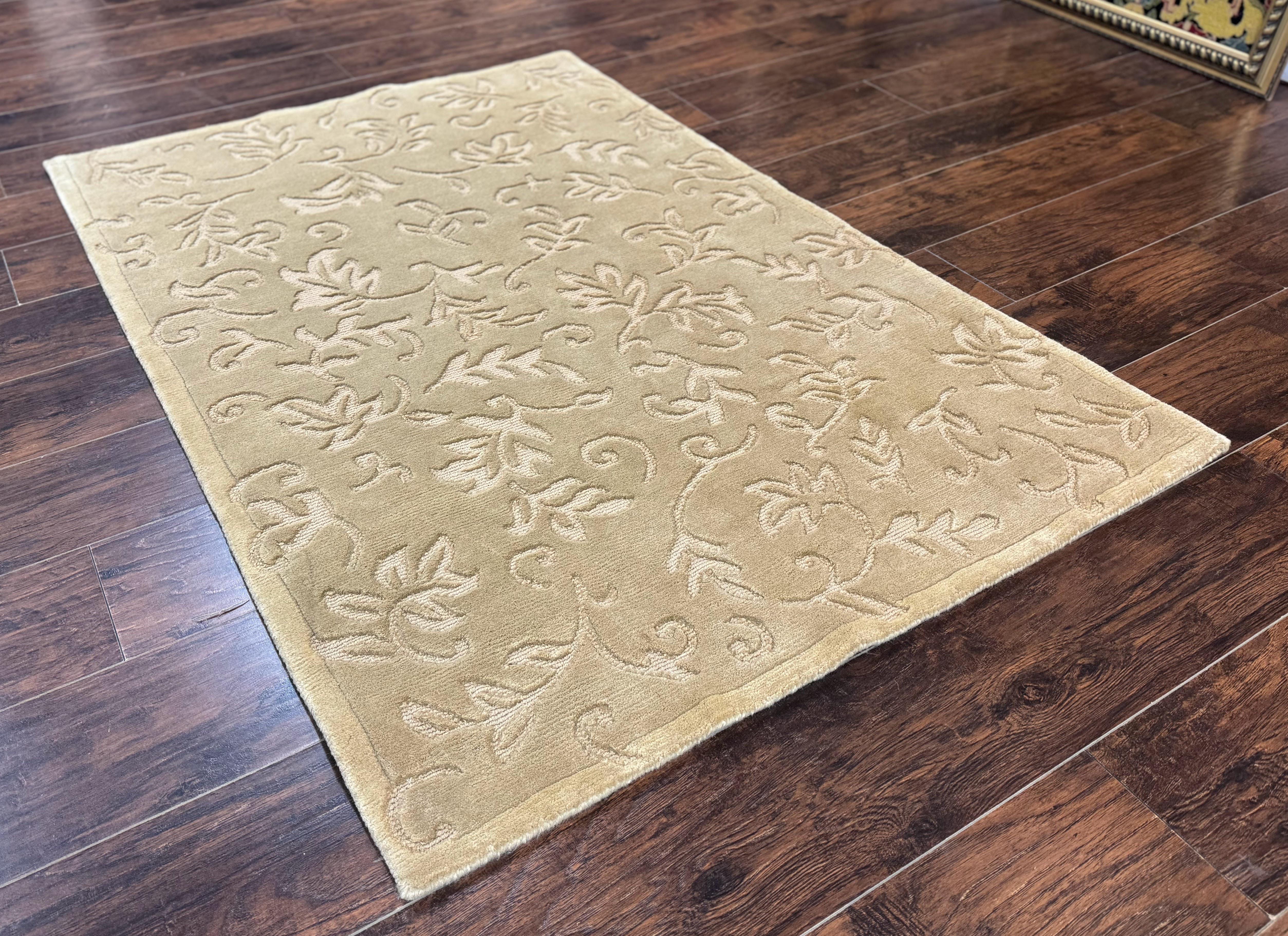 Modern Tibetan Rug 3.7 x 5.5, Carved Floral Design, Wool and Silk Highlights - Jewel Rugs