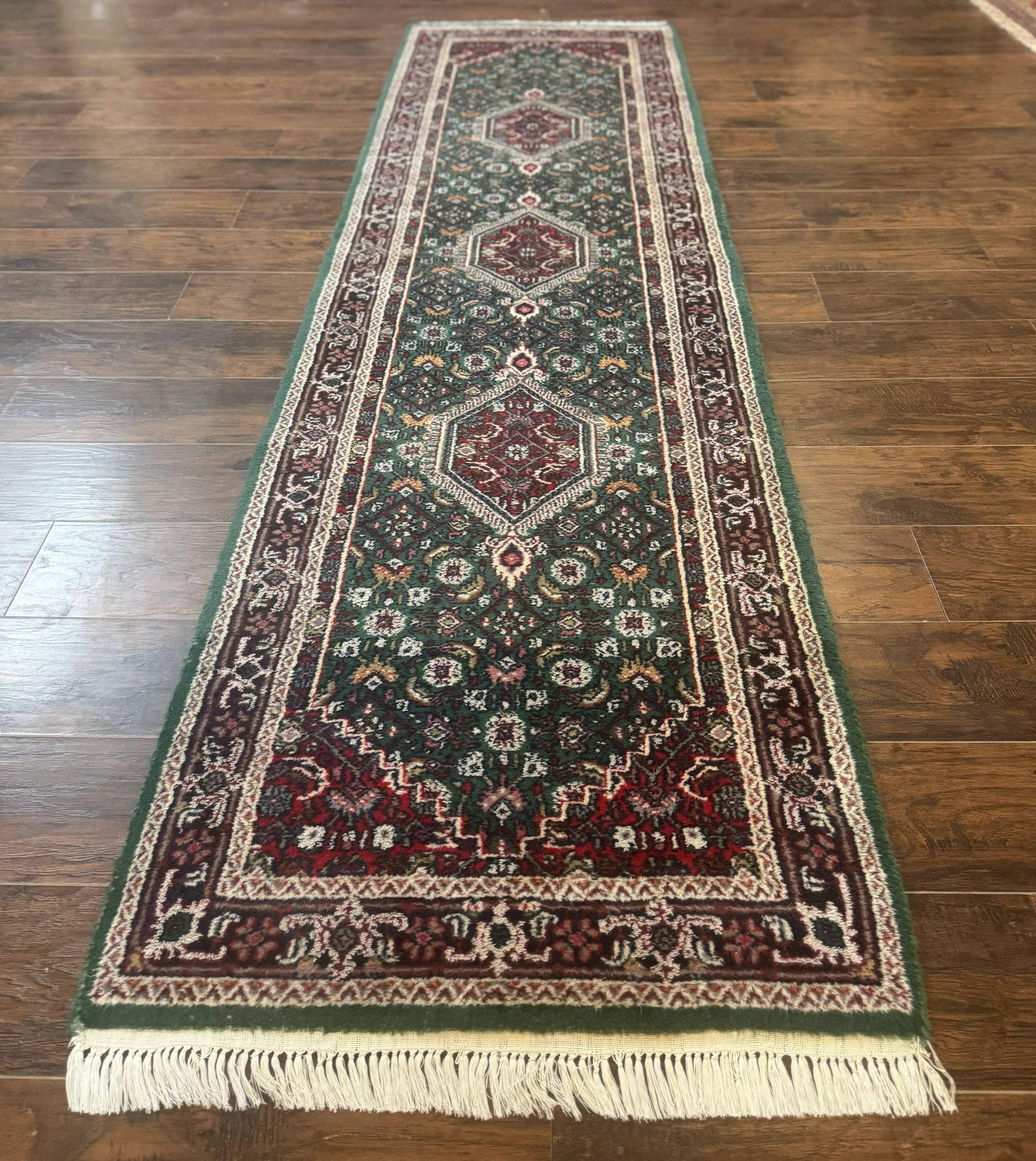 Green Indo Persian Bidjar Runner Rug 3x10, Green and Red - Jewel Rugs