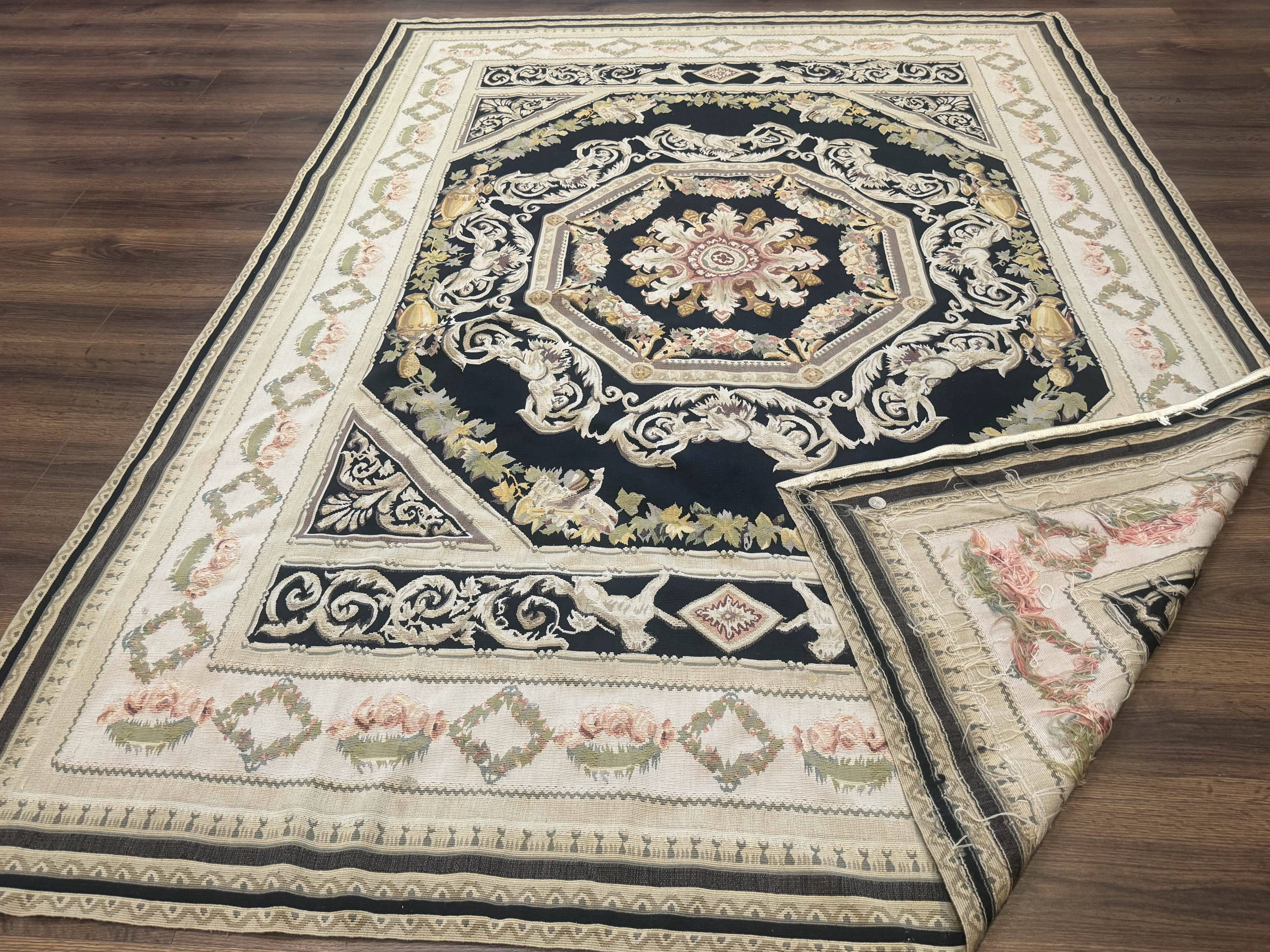 Aubusson Rug 6x8, European Design, Lion Pictorials, Black - Jewel Rugs