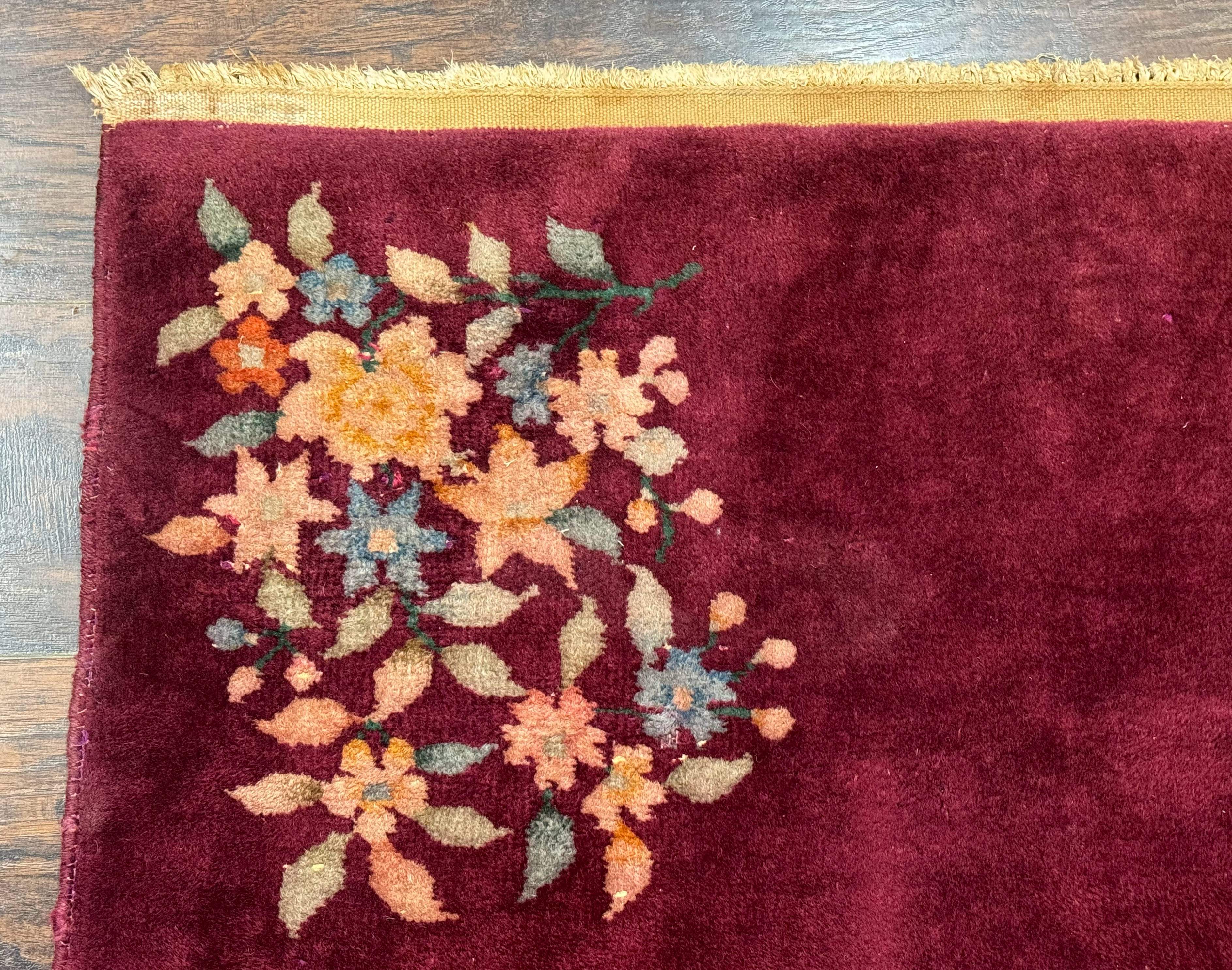 Chinese Nichols Rug 3x5 – Art Deco Carpet, Dark Magenta, Hand-Knotted Wool Vintage Asian Carpet - Jewel Rugs