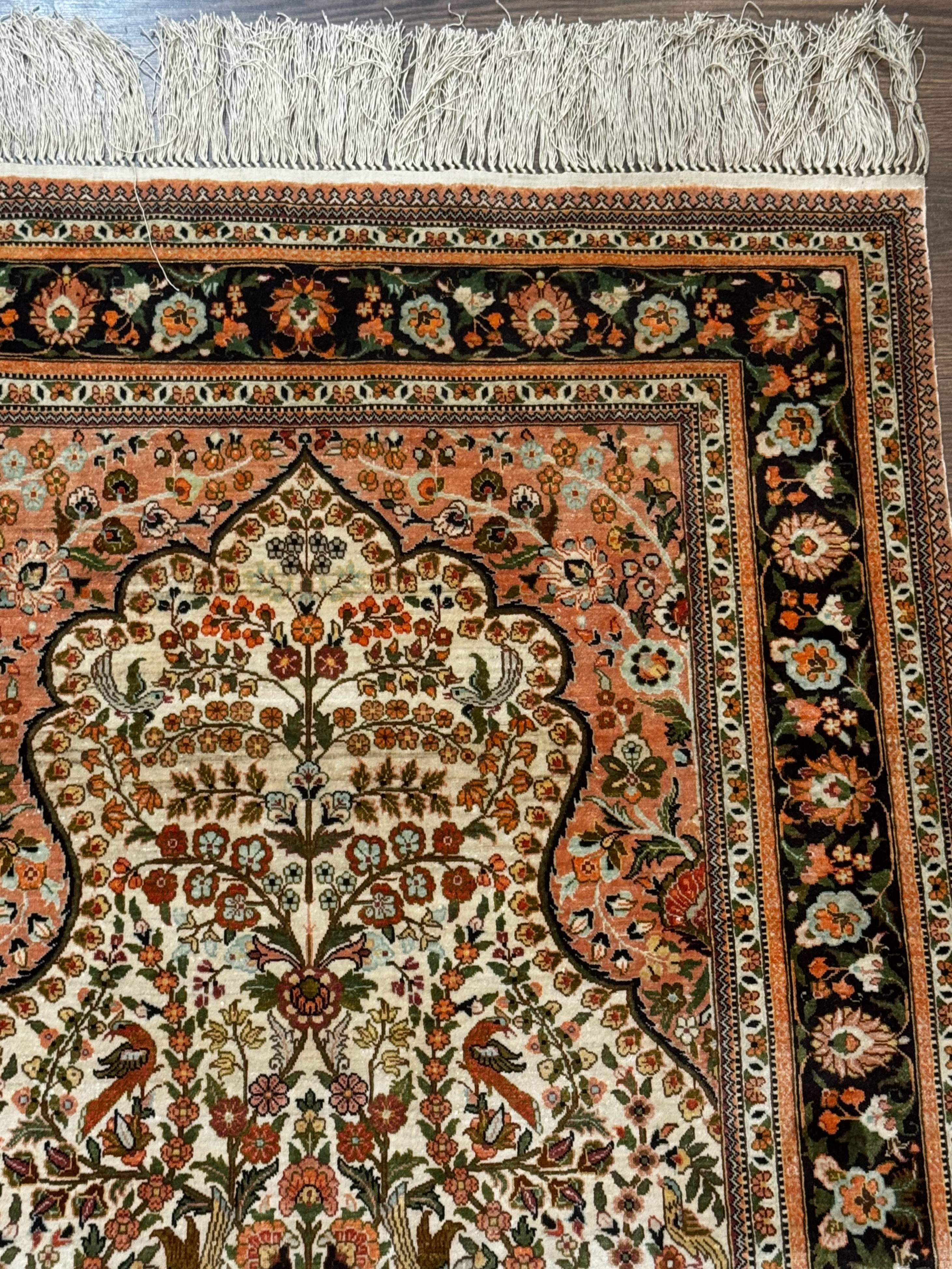 Exceptional Silk Rug 2.6 x 4, Very Fine 630 KPSI, Persian Vase Tree of Life Bird Pictorials, Handmade - Jewel Rugs