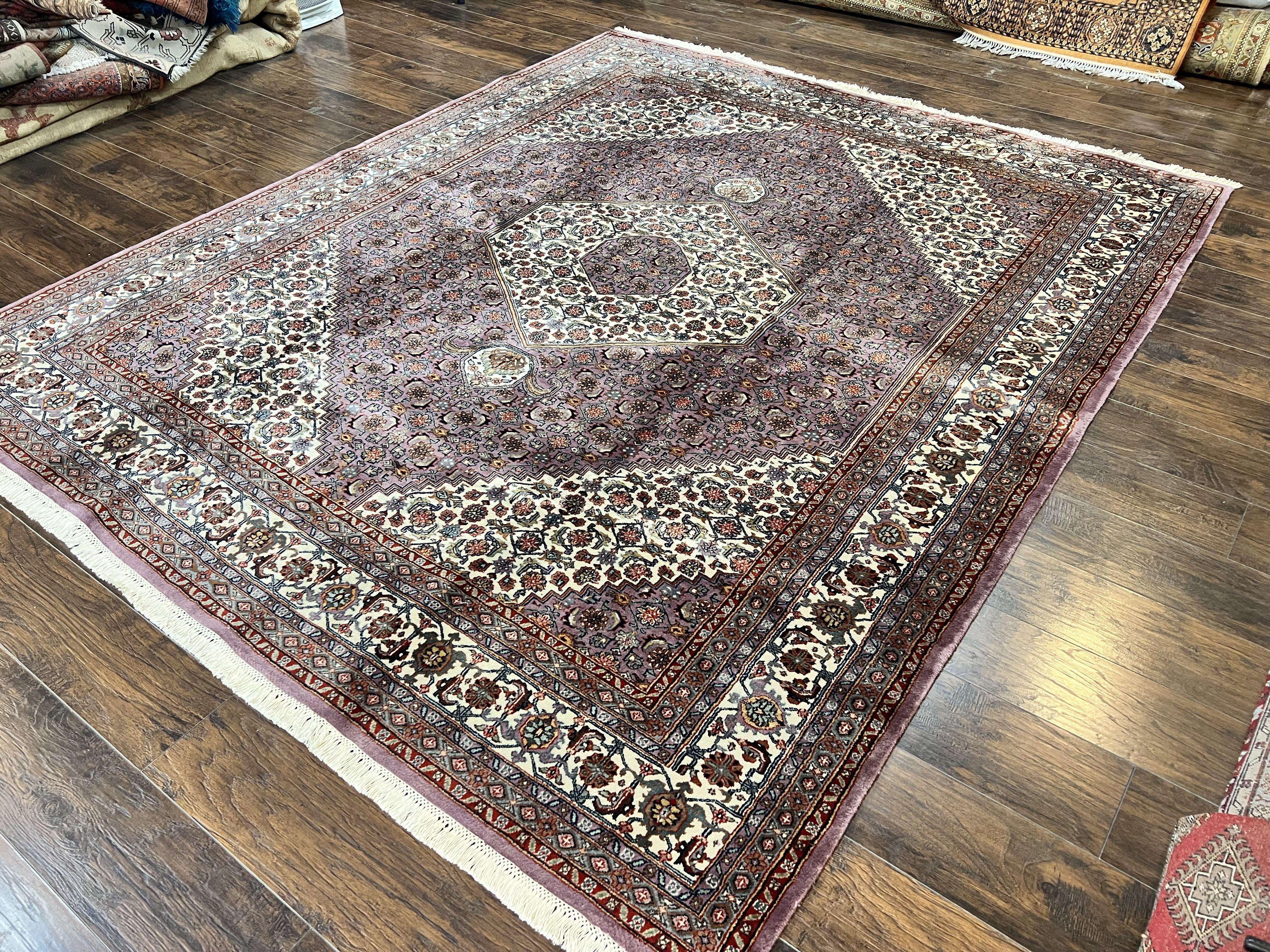Indo Persian Bidjar Rug 8x10, Purple and Ivory Hand Knotted Wool Vintage Oriental Carpet, Herati Mahi Pattern, 8 x 10 Traditional Fine Rug - Jewel Rugs
