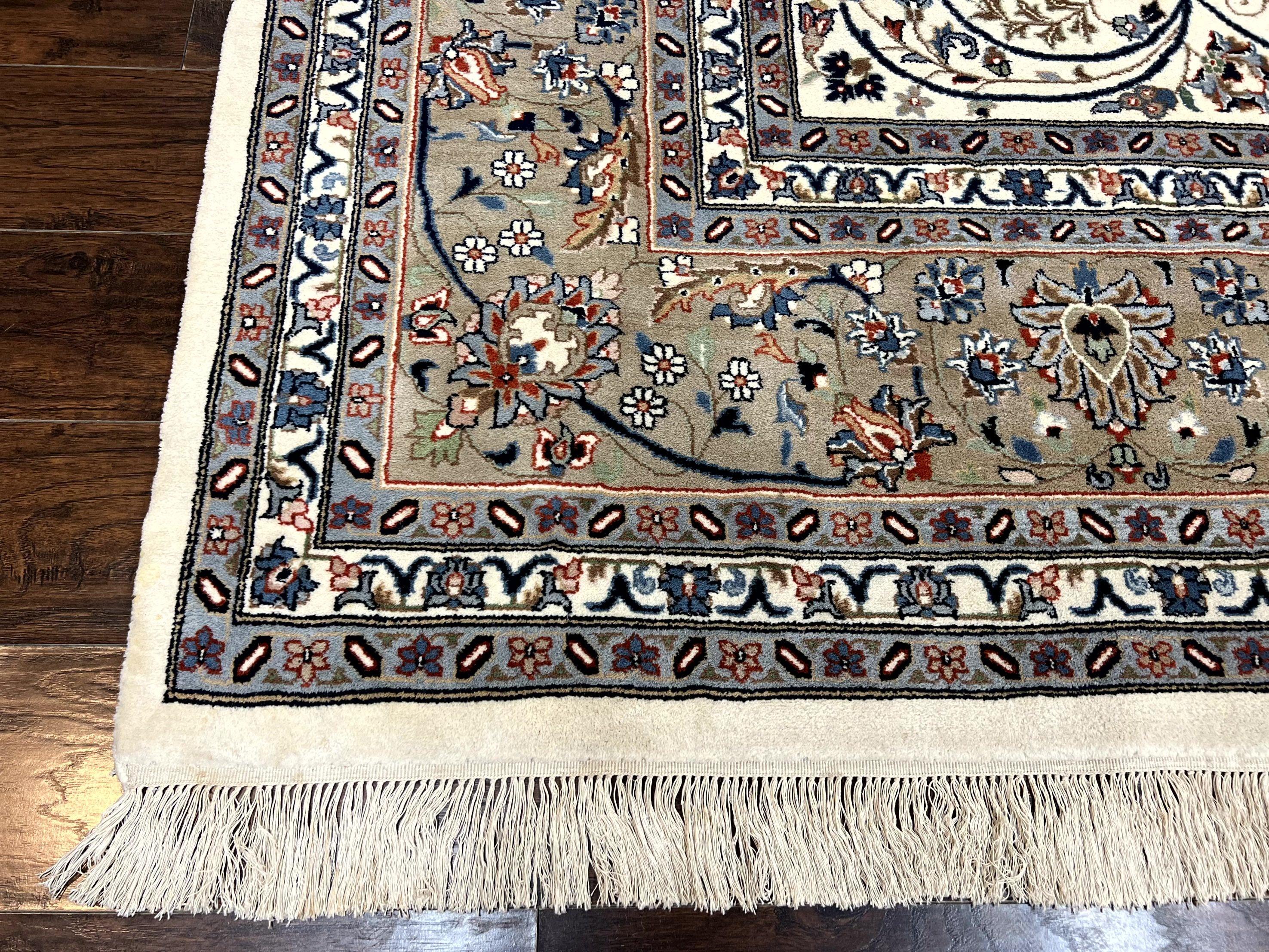 Indo Persian Rug 10x14, Floral Allover Pattern, Handmade Vintage Wool Carpet, Ivory/Cream - Jewel Rugs