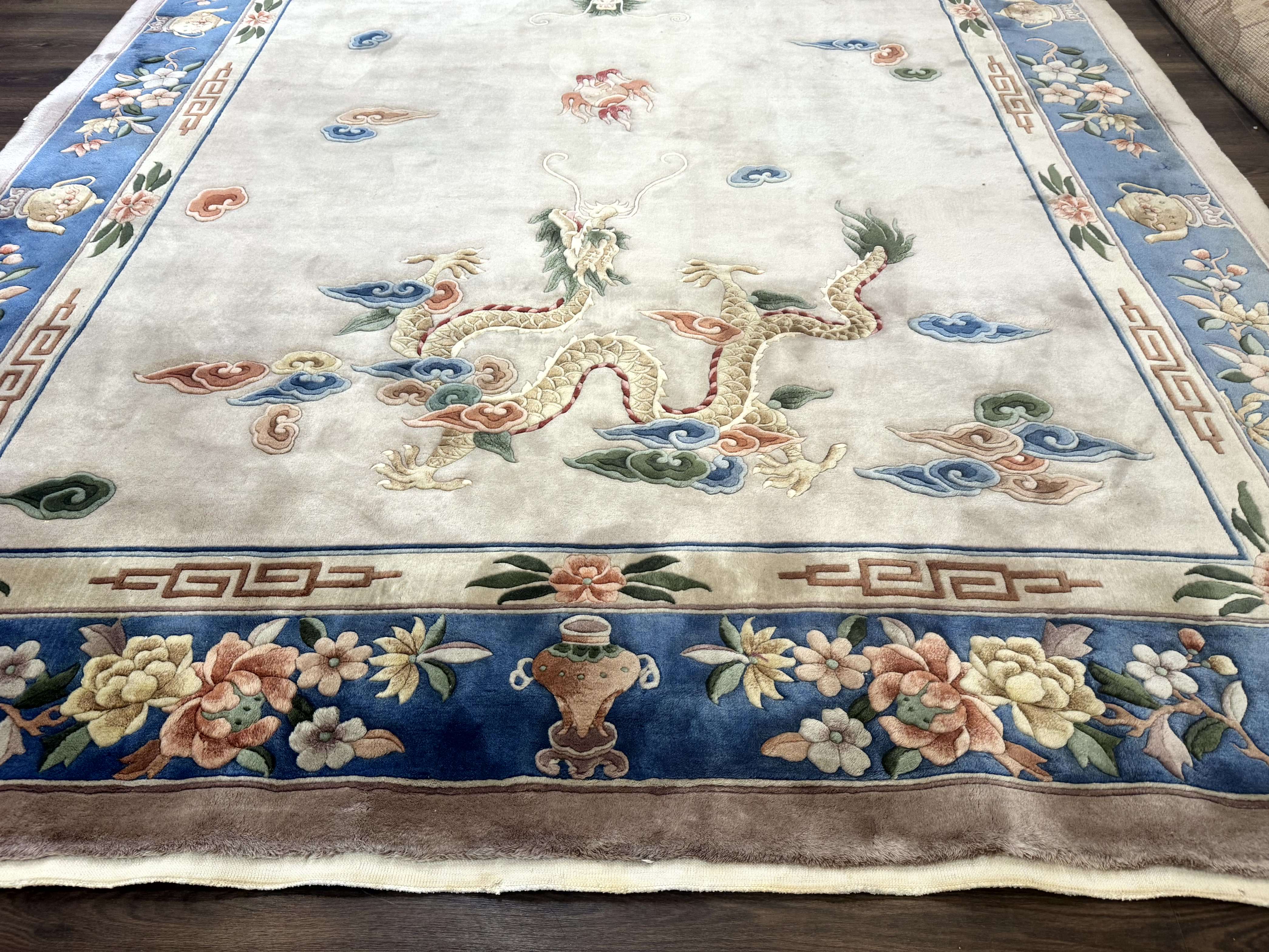 Chinese Wool Rug 9x12 with Dragons, Vintage Chinese 90 Line Carpet - Jewel Rugs