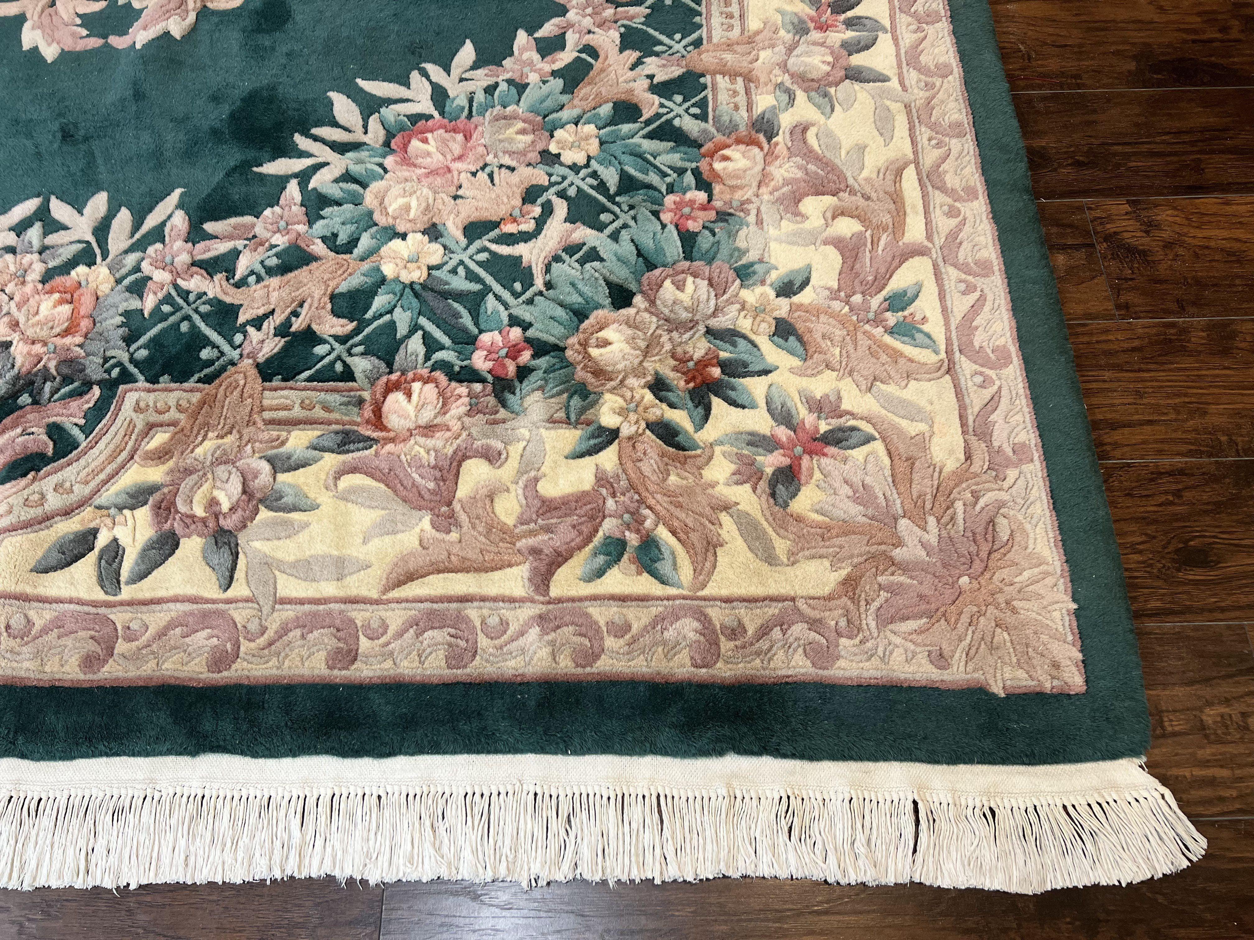 Chinese Wool Rug 9x11, Chinese Aubusson Carpet 9 x 11, Green and Cream, 120 Line, Handmade Room Sized Plush Pile, Vintage Rug - Jewel Rugs