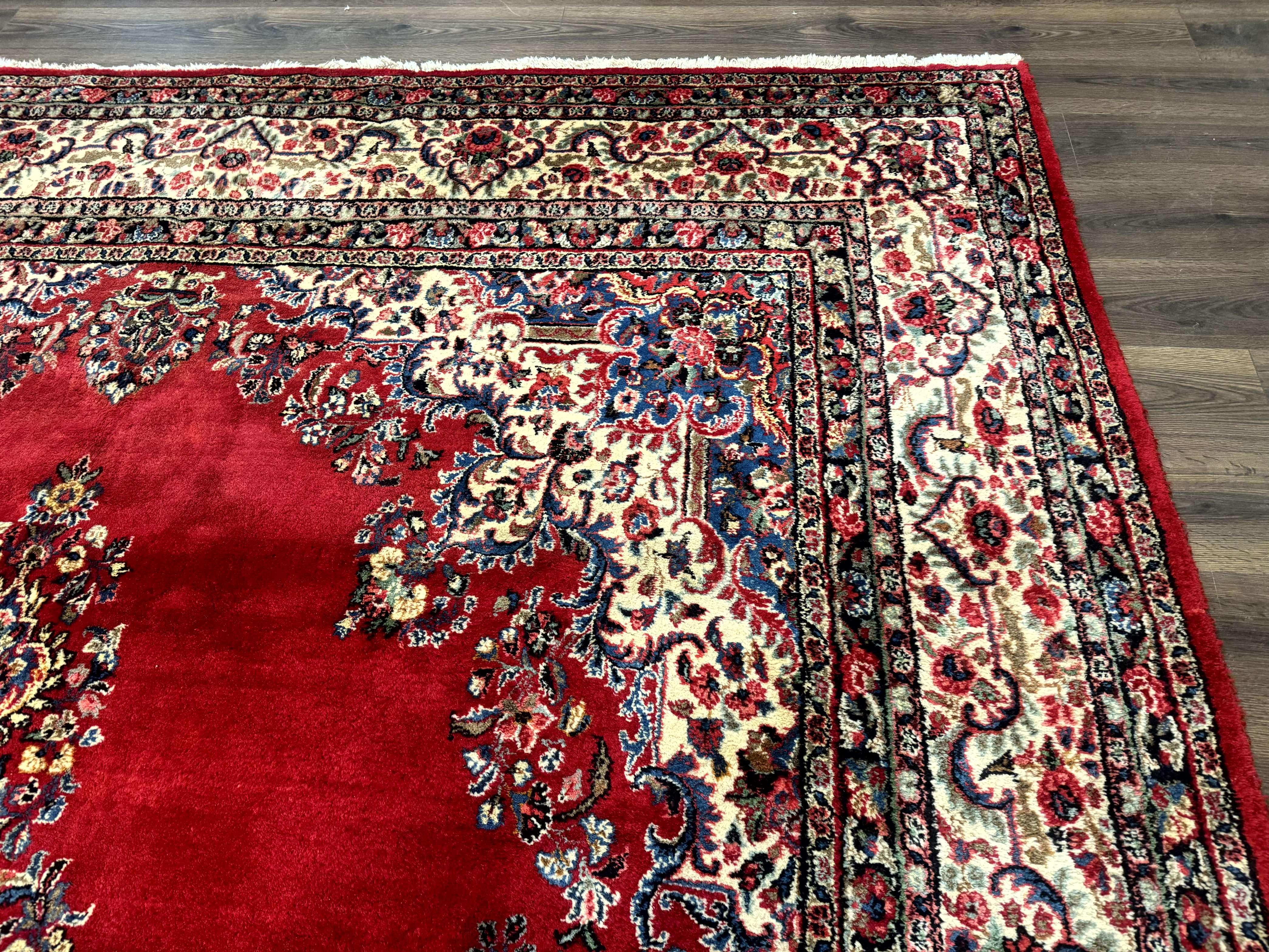 Persian Sarouk Rug 10x13, Semi Open Field, Red Ivory Blue, Large Antique Persian Carpet, Traditional Wool Rug - Jewel Rugs