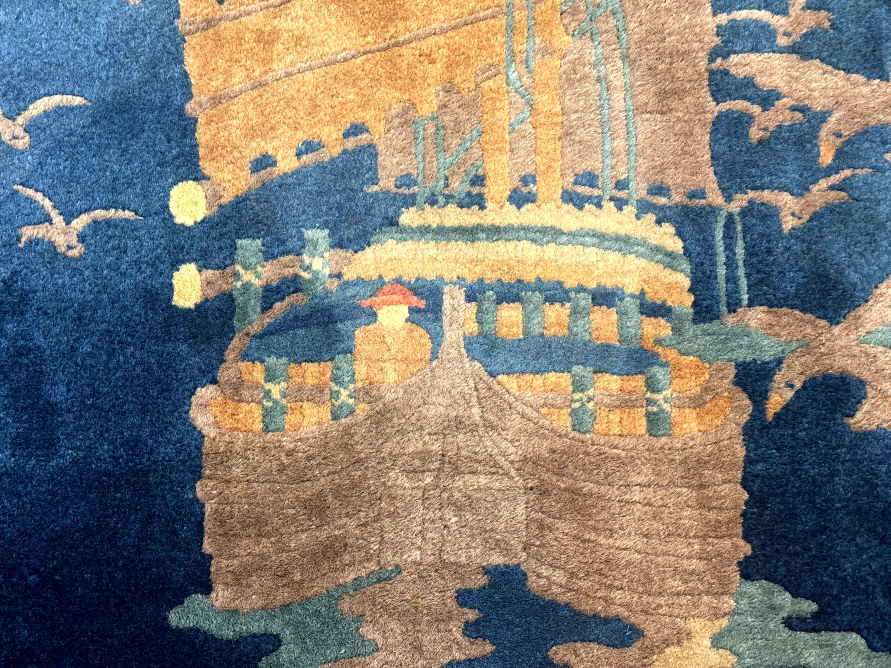 Chinese Art Deco Rug 3x5, Blue, Sailboat and Birds, Seagulls, Ocean, Vintage, Handmade, Chinese Wool Rug, Peking Rug - Jewel Rugs