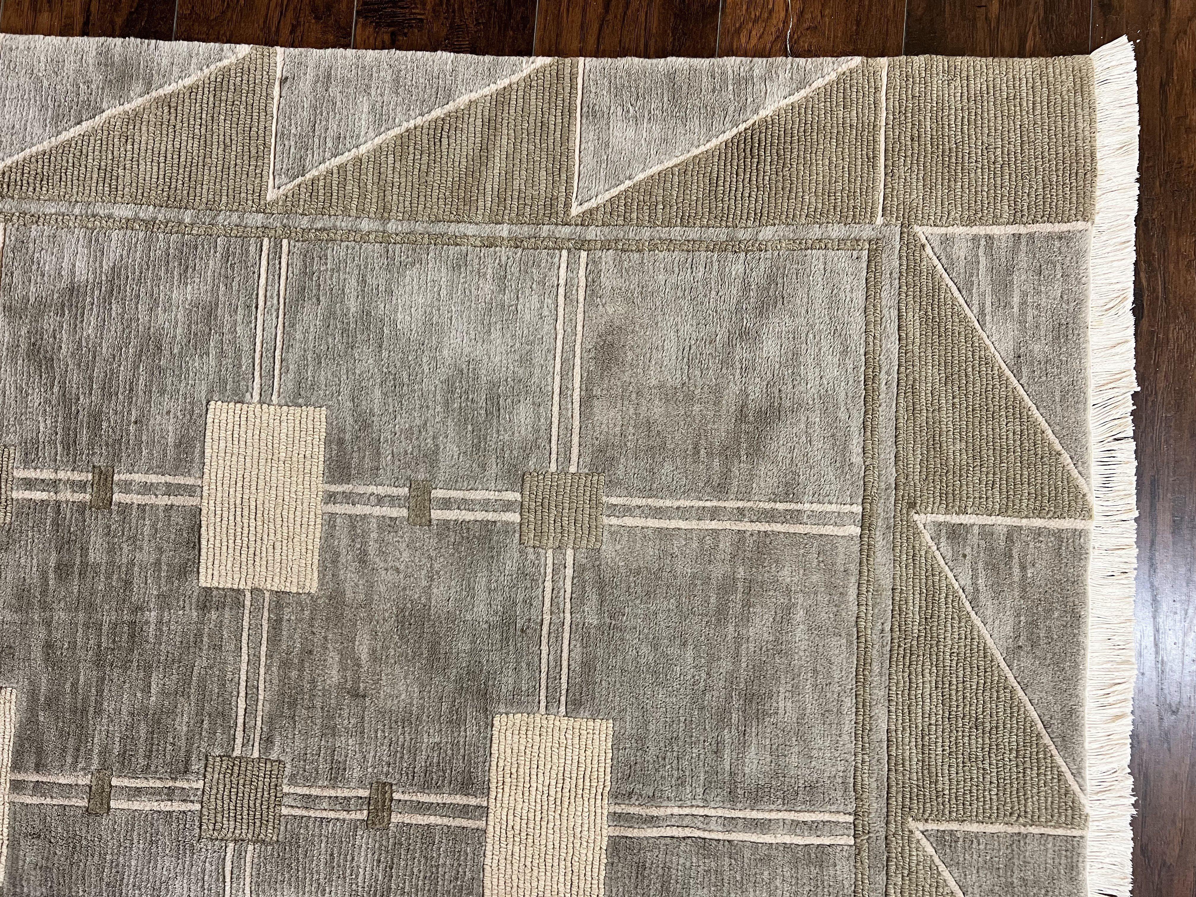 Modern Tibetan Rug 8x10, Abstract Handmade Wool & Silk Highlights Nepali Hand Knotted Carpet 8 x 10 ft, Room Sized Handmade Contemporary Rug - Jewel Rugs