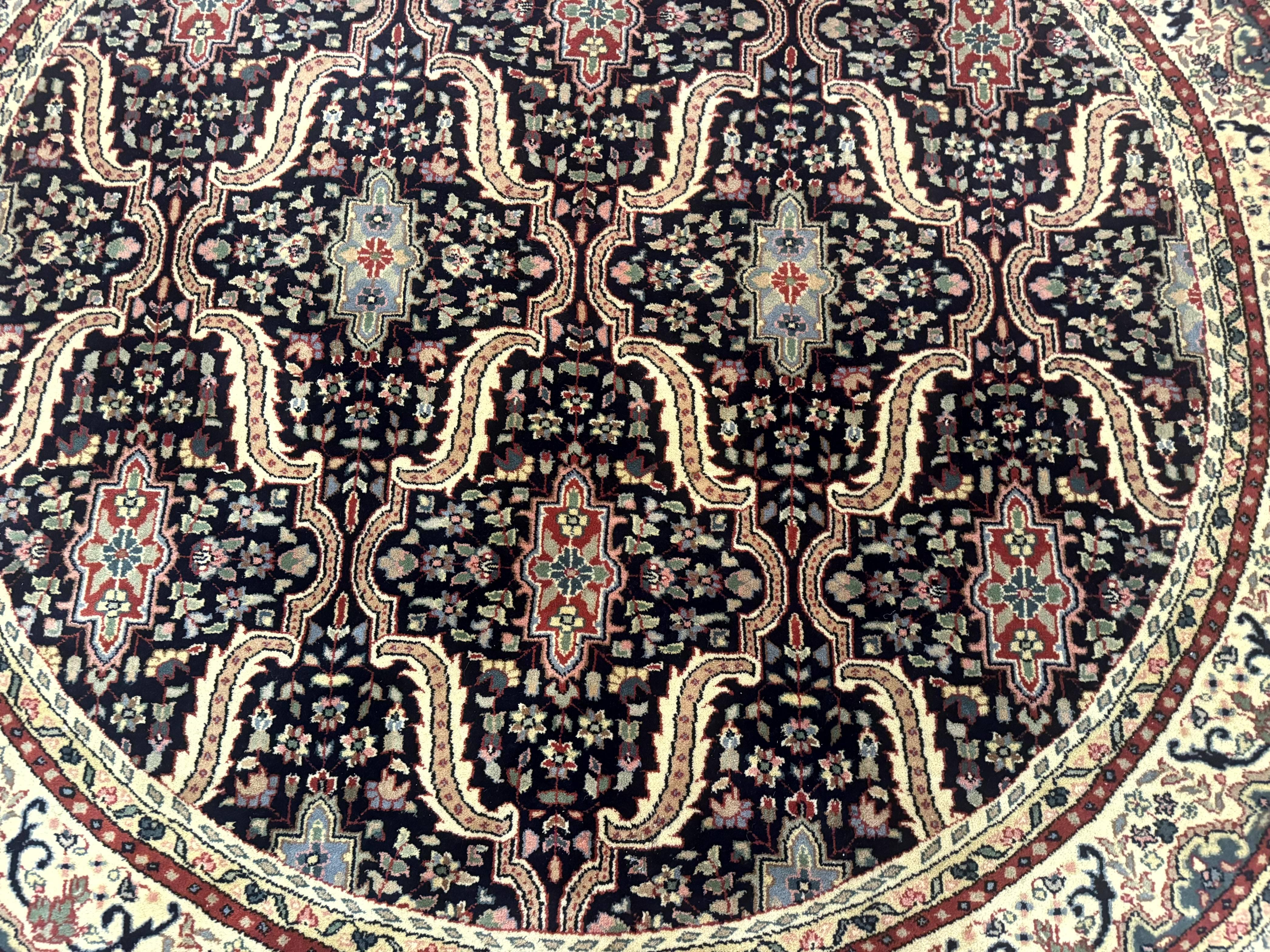 Round Indo Persian Rug 6x6, Indian Bidjar Rug, Navy Blue and Beige - Jewel Rugs