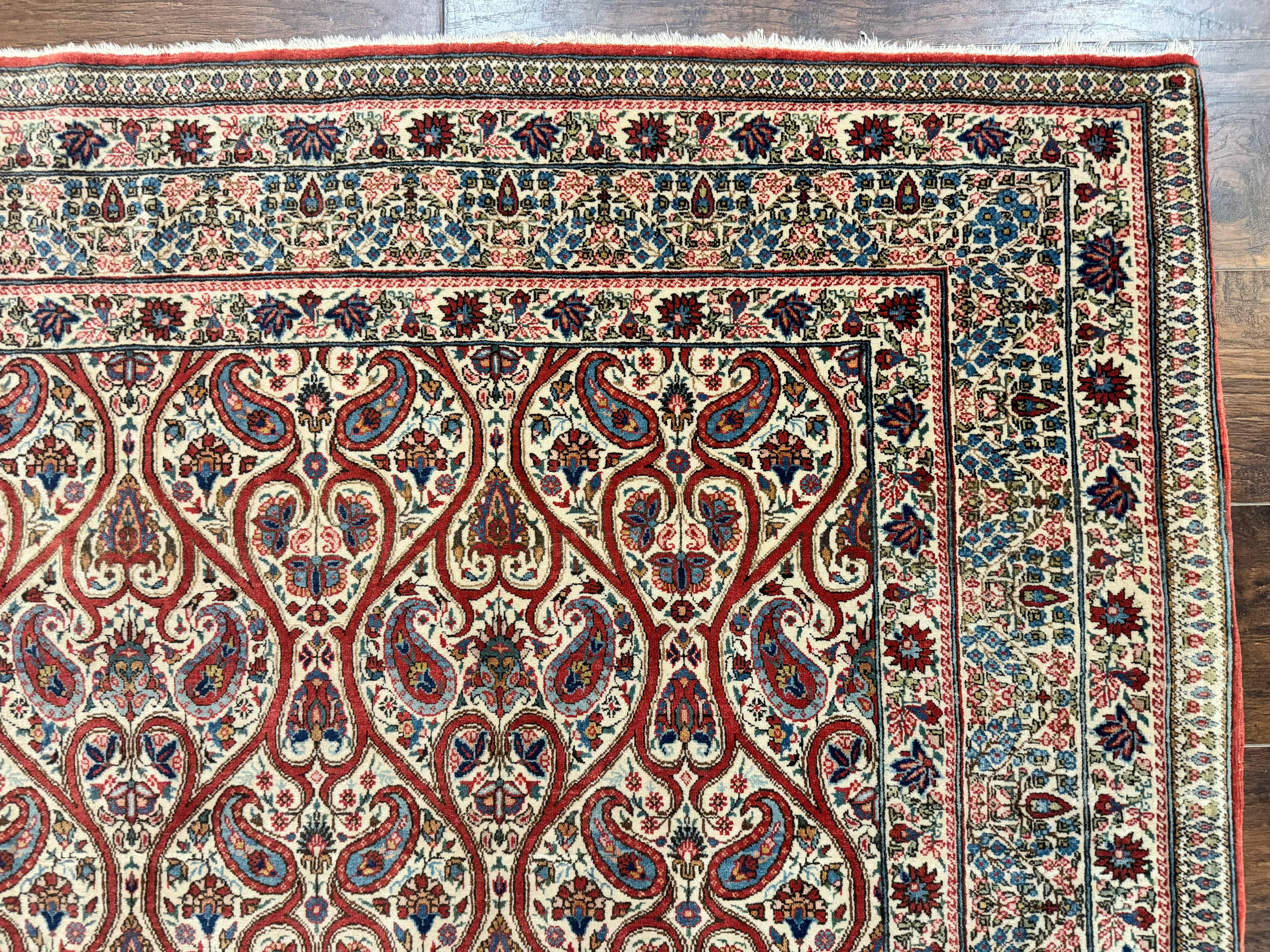 Unique Persian Qum Rug 5x7, Repeated Paisely Boteh Design, Ivory Red Blue, Handmade Antique Wool Persian Carpet, Finely Hand Knotted - Jewel Rugs